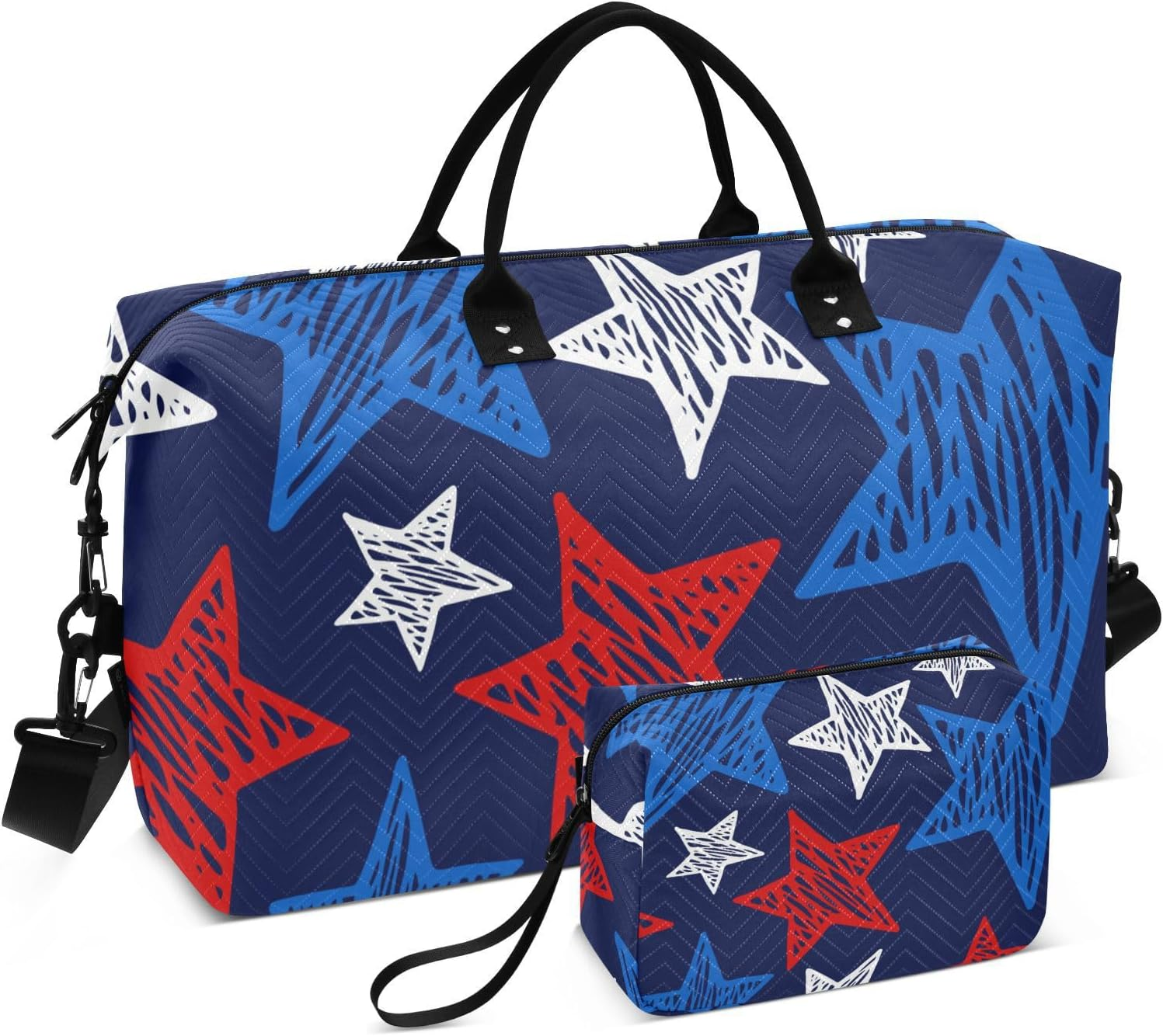 Large Travel Duffel Luggage Weekender/Overnight Duffel American Flag Star Scatter Pretty Blue Tote Bag with Adjustable, Star, Set of 2, Art Deco image number 3