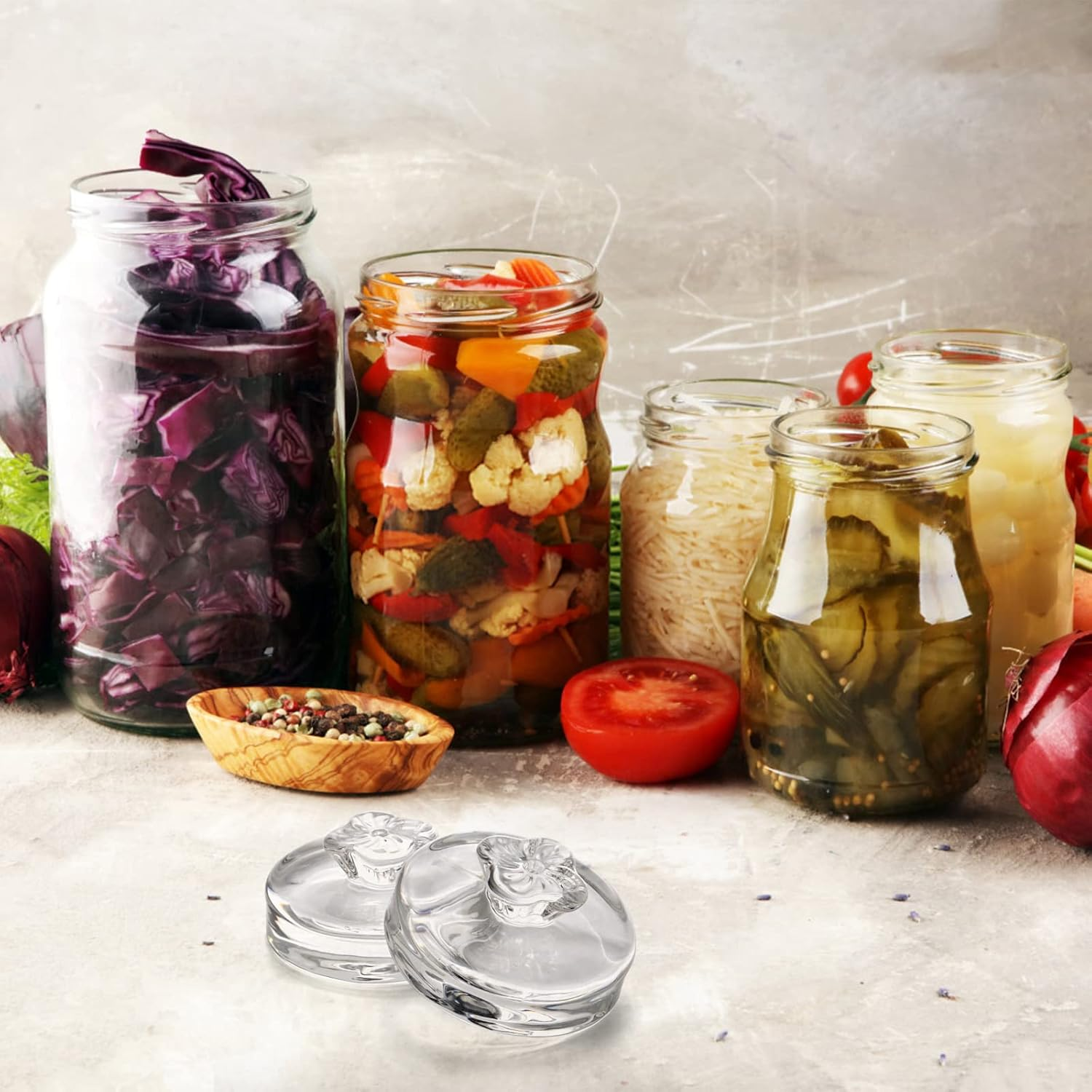 Okllen 9 Pack Glass Fermentation Glass Weights for Large Wide Mouth Mason Jars, Pickling Glass Weight with Easy Grip Handle, Dishwasher Safe image number 1