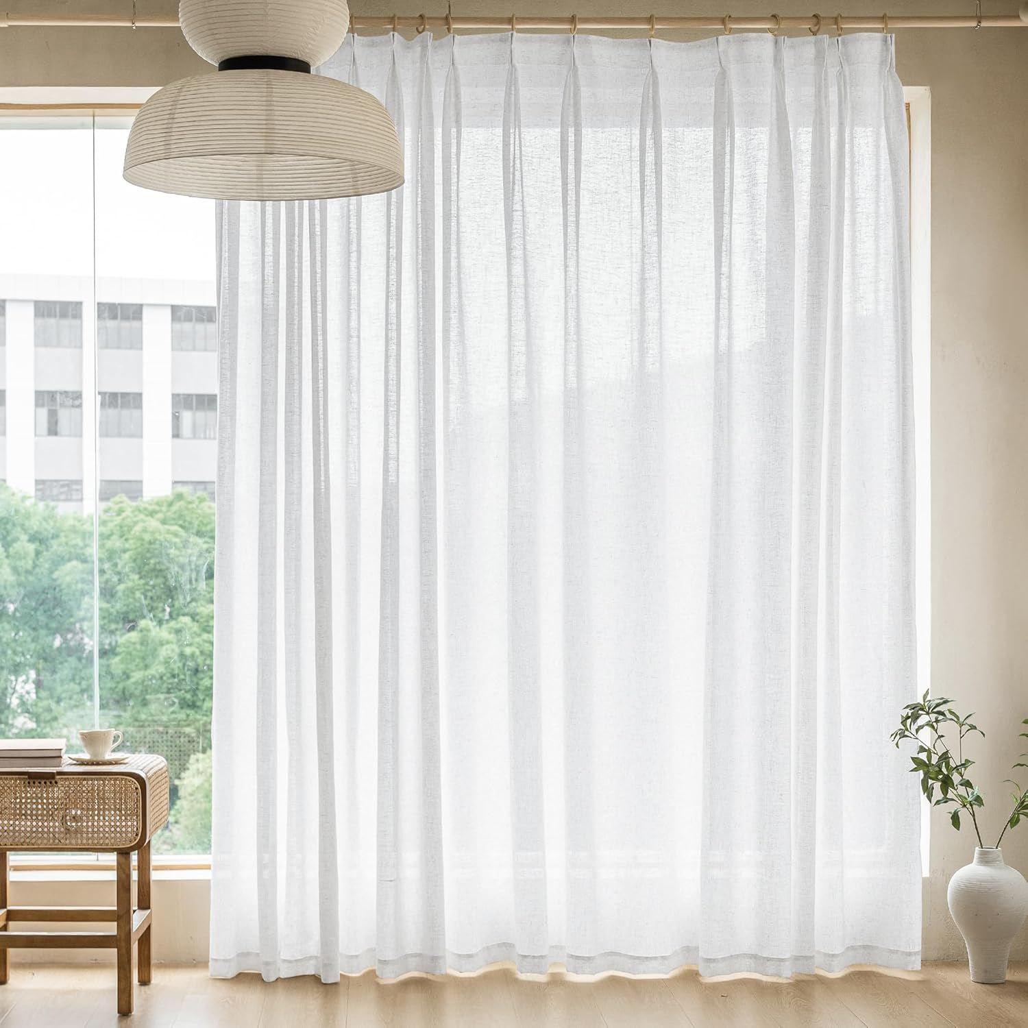 MAIHER Faux Linen Semi Sheer Pinch Pleated Drapes for Living Room, Light Filtering Pleated Curtain Panels 96 Inches Long with Hooks for Traverse Rod (Linen, 1 Panel, 72" W X 96" L)