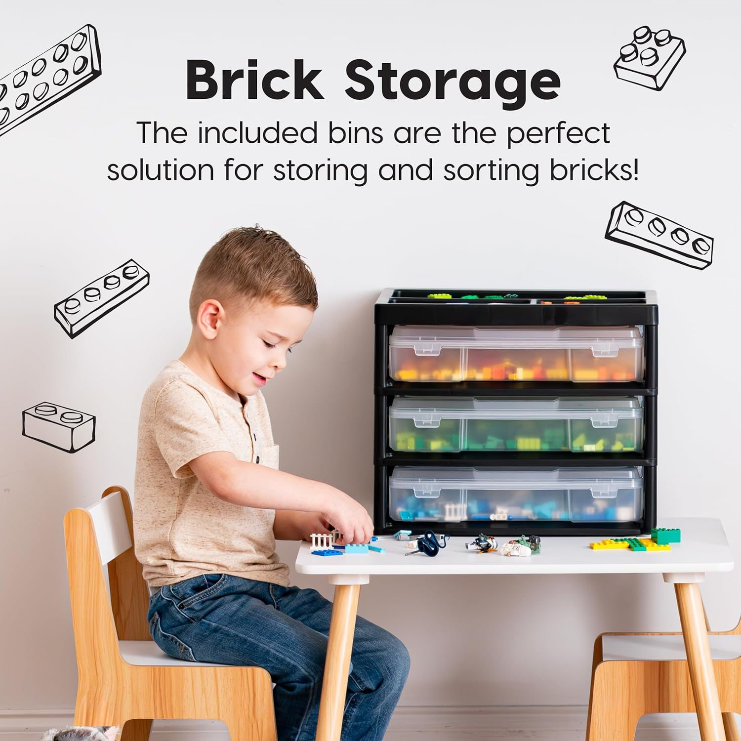 IRIS USA Fits 12" X 12" Paper, 3-Tier Scrapbook Storage Unit with Organizer Top, for Building Blocks  Papers Tools Office Art and Craft Supplies, Desktop Organizer, Built in Handle, Black/Clear image number 2