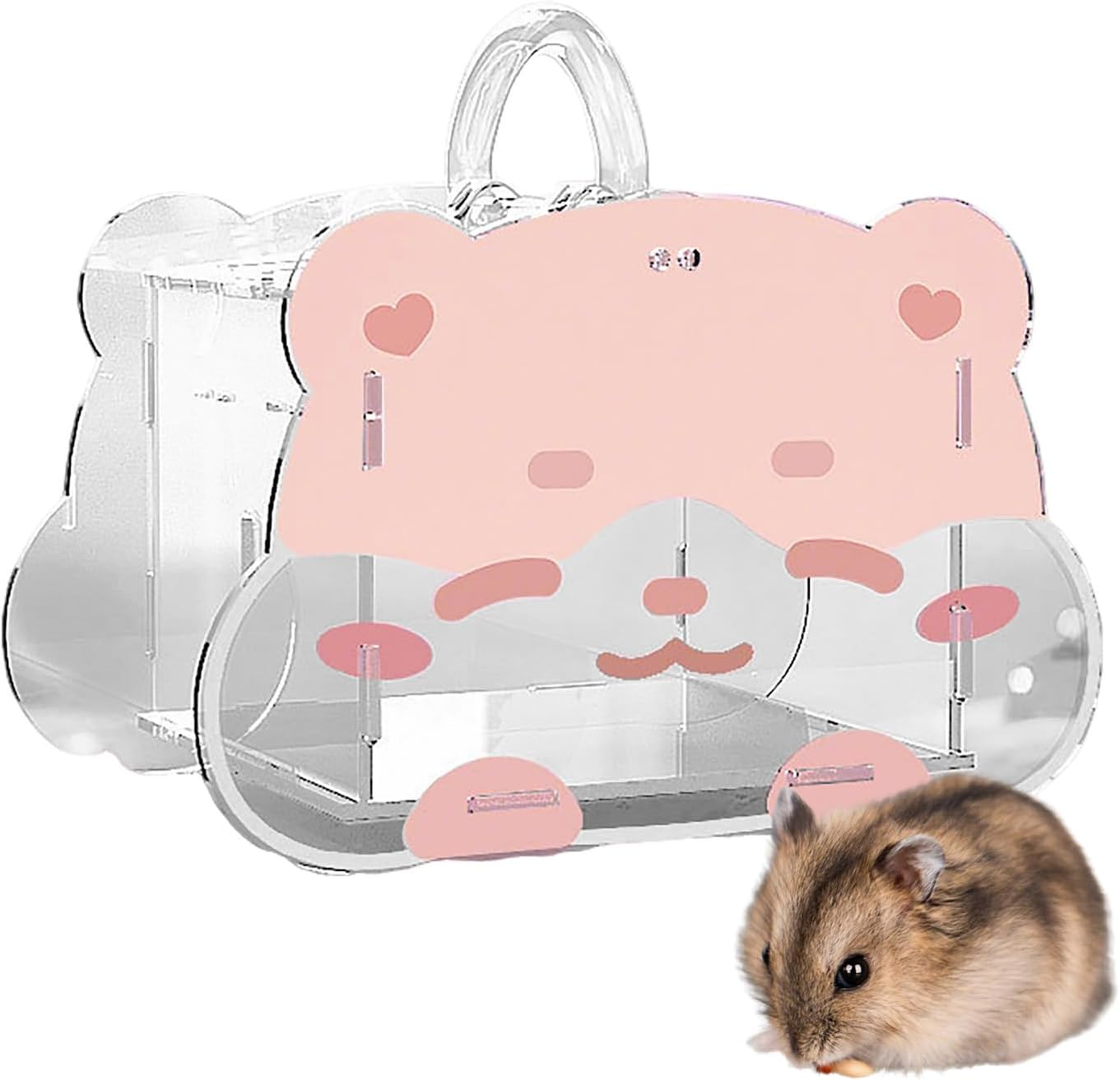 LIFEBEA Portable Hamster Carrier &ndash; 360&deg; Clear Acrylic Travel Cage with Water Bottle & Food Bowl | Ventilated Small Animal Transport for Dwarf Hamsters, Guinea Pigs, Sugar Gliders (Pink)