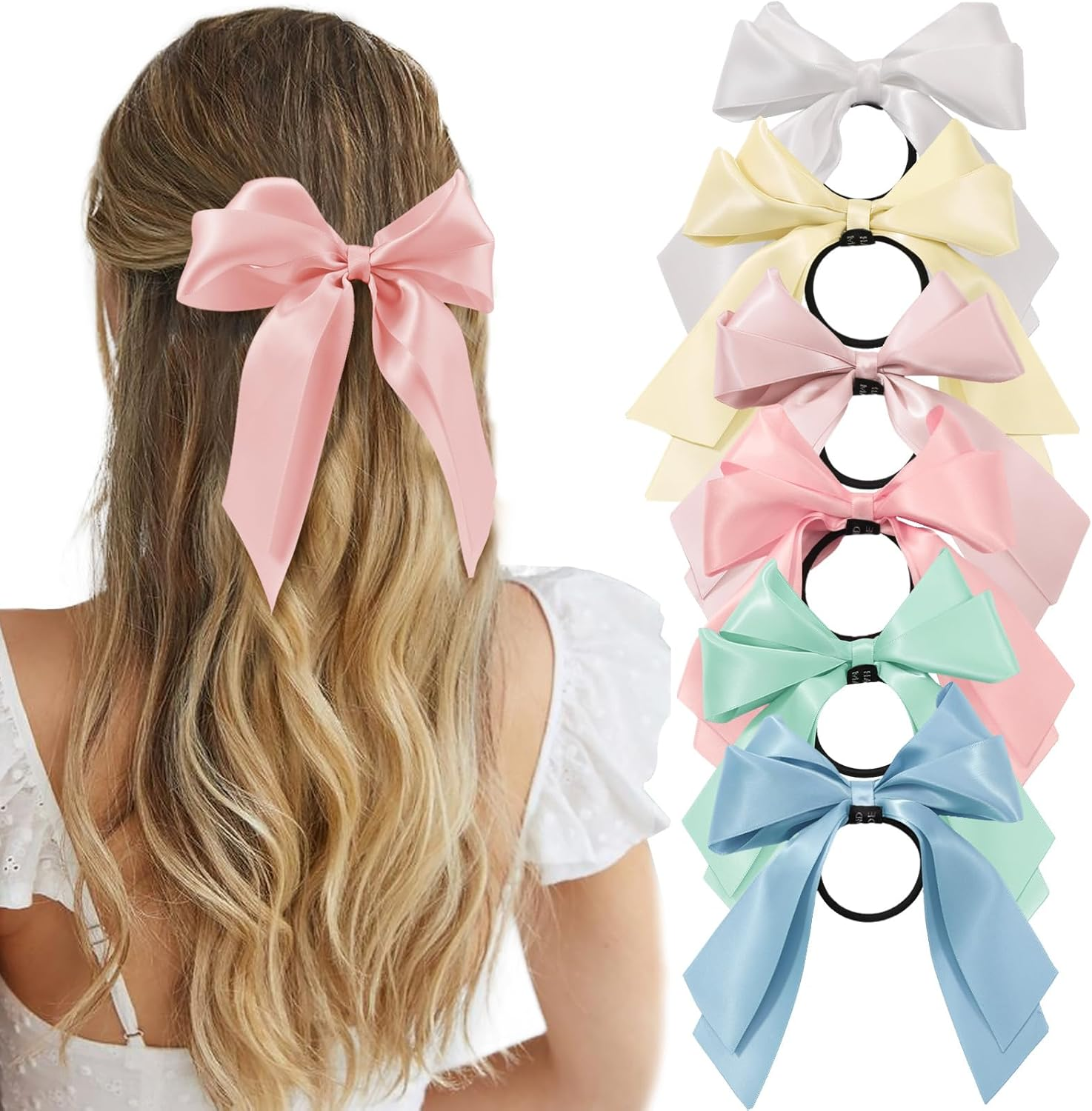 Yougeigy 6PCS Bow Hair Ties, Satin Hair Ribbon, Ribbon Hair Bows for Women Girls, Elastics Hair Scrunchies for Thick Thin Hair, Brown Hair Accessories