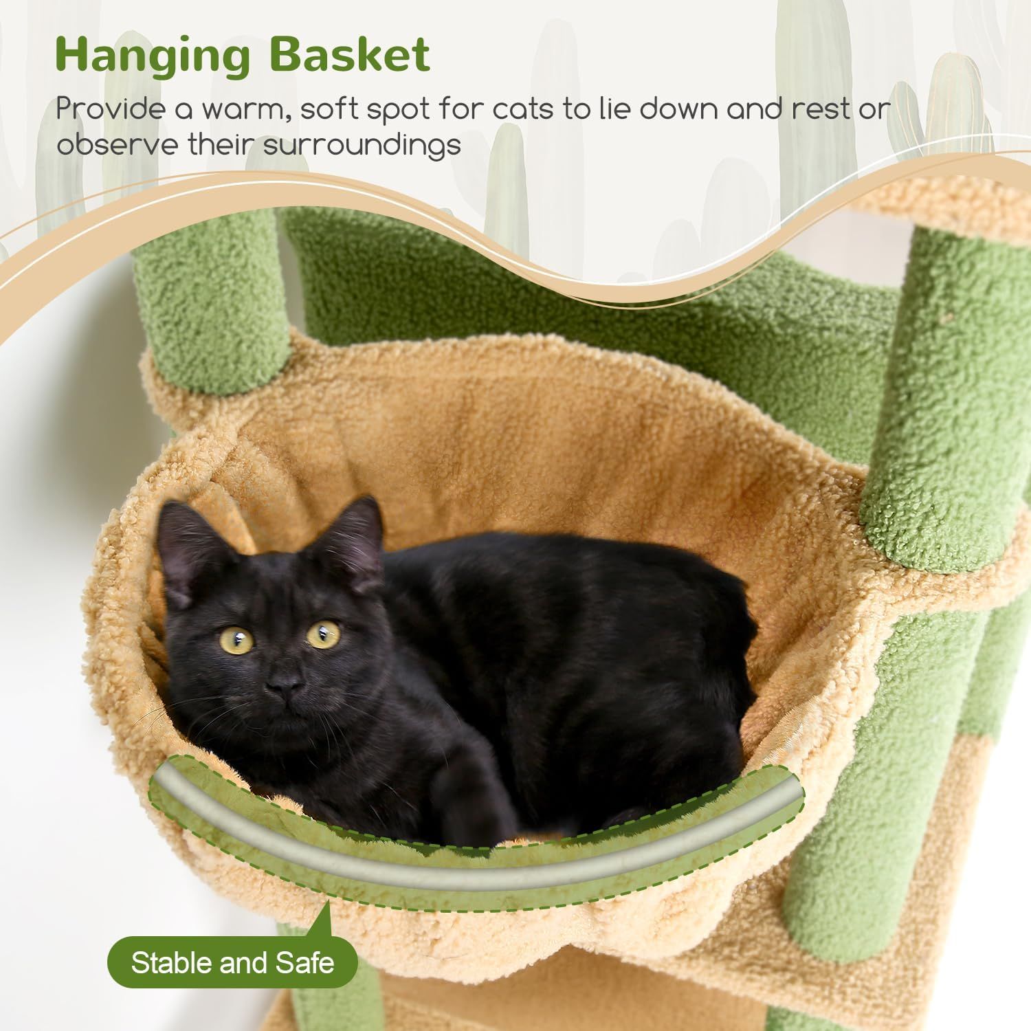 Globlazer F76 Cactus Cat Tree Tower 76-Inch Extra Tall Multi-Level Cat Furniture with Cozy Condos,Interactive Toys and Perches for Large Cats, Perfect for Climbing, Scratching, and Play, Green image number 3