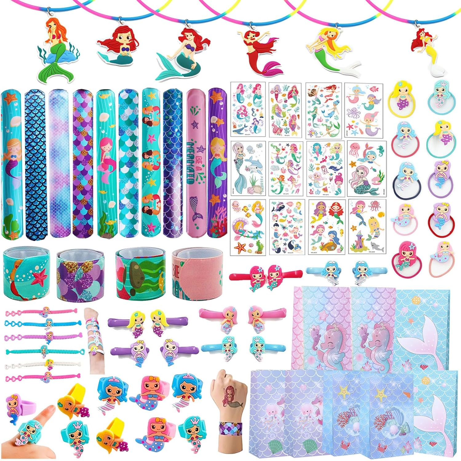 74Pcs Mermaid Party Favors Kit, Party Gifts for Children Birthday, Mermaid Slap Bracelets Necklace Bags Rings Hair Clips Etc - for Girls Party Birthday Return Gift Prizes Box image number 2