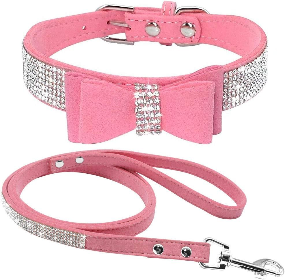 Haoyueer Cute Dazzling Sparkling Elegant Fancy Soft Suede Leather Bling Rhinestone Crystal Jeweled Pet Cat Dog Puppy Collar Dog Leash Combo Set (M, Blue-1)