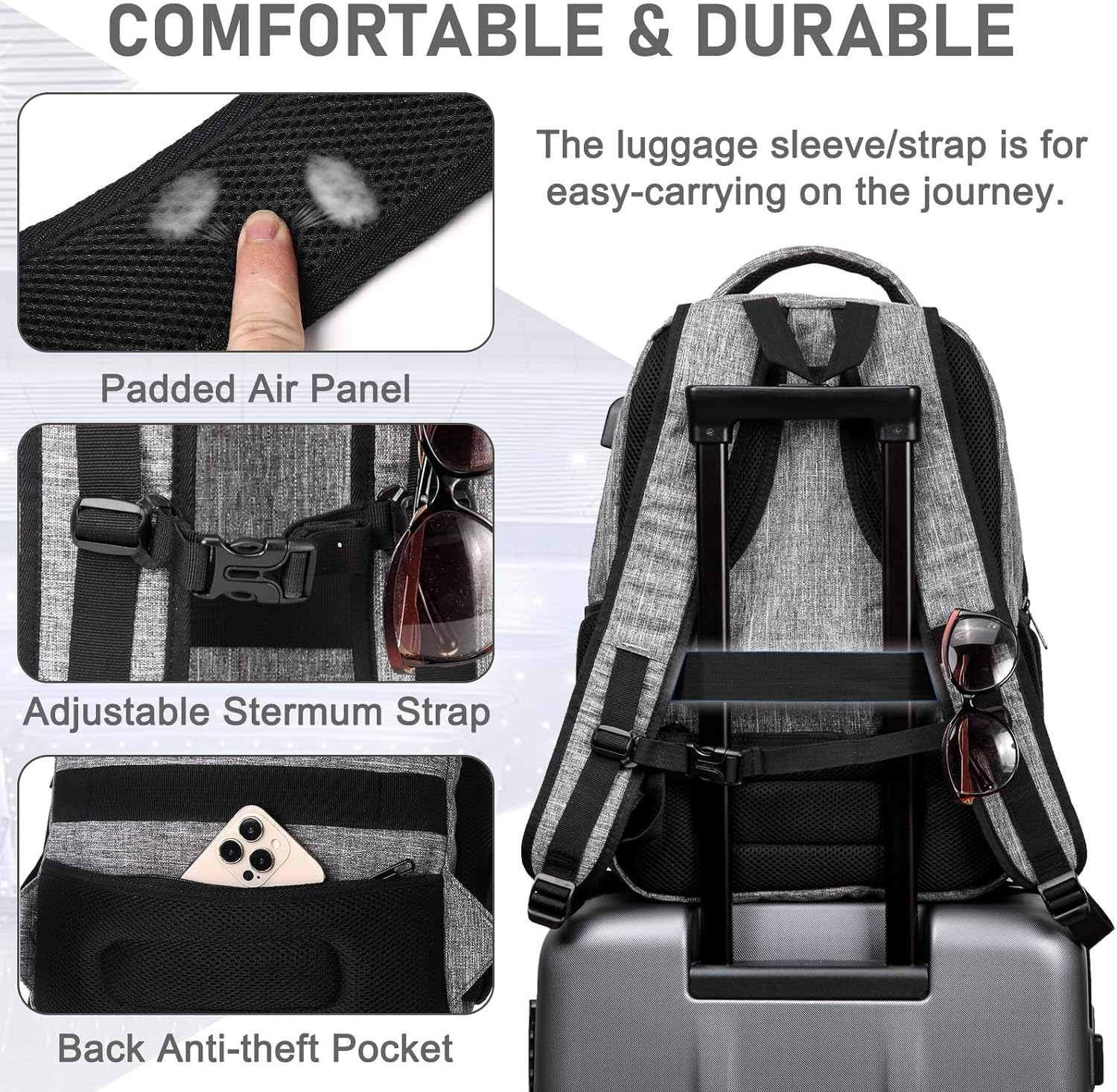 Laptop Backpack, VASCHY Water Resistant Business Travel Backpack for Men Women with USB Port College School Computer Bag Fits 15.6 Inch Laptop Light Gray image number 6