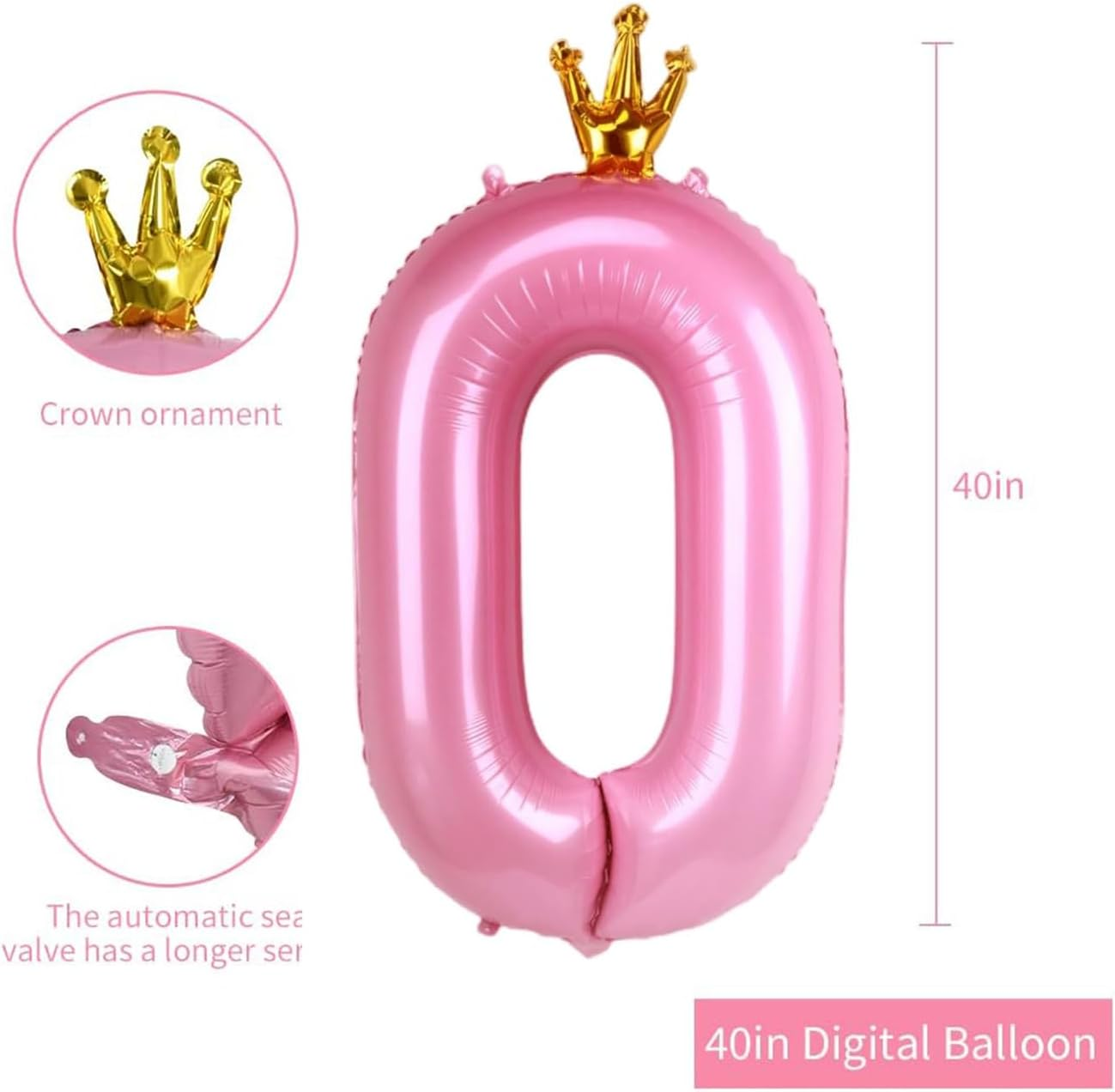 40 Inch Pink Number Balloon with Crown, Huge Giant Balloons Foil Mylar Number Balloons for Birthday Party Wedding Anniversary Decorations (Number 0) - Number 0 image number 1