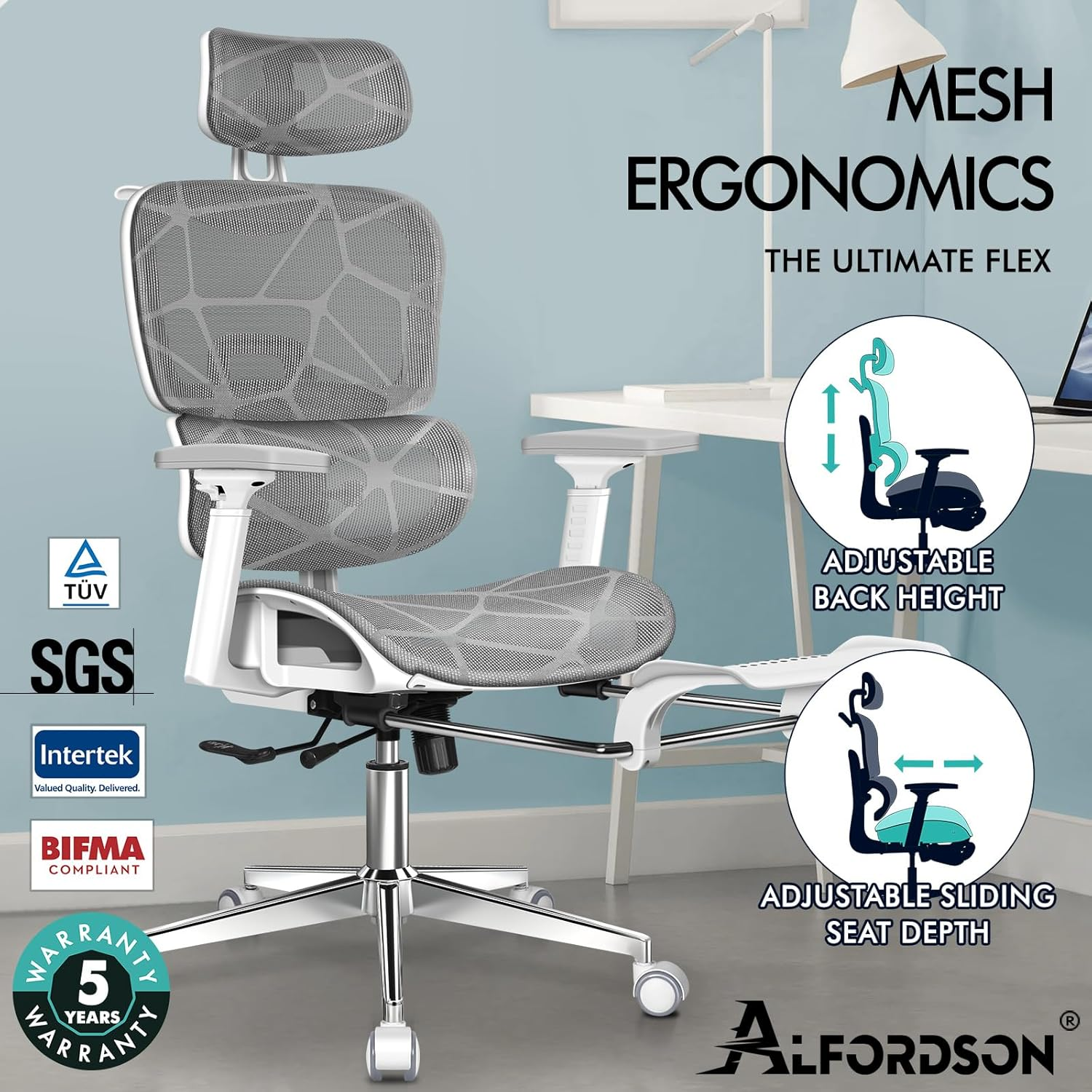 ALFORDSON Patton White Grey Mesh Gaming Chair for Executive Computer Desk, Recline Tilt Adaptive Back Support, Ergonomic Office Chair with 3D Adjustable Armrest and Headrest & Footrest, Max 180Kg image number 3