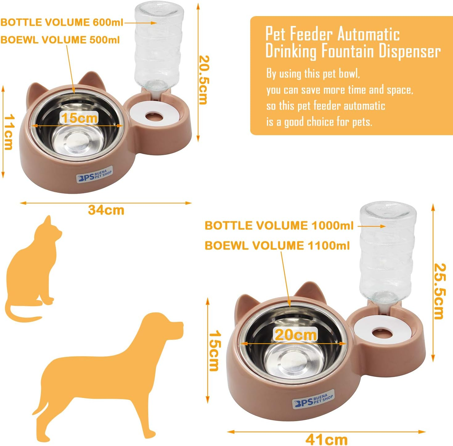 BPS Automatic Feeder and Drinker for Cats and Dogs, Splash Dispenser, Automatic Feeder for Pets, Size M/L (M) image number 3