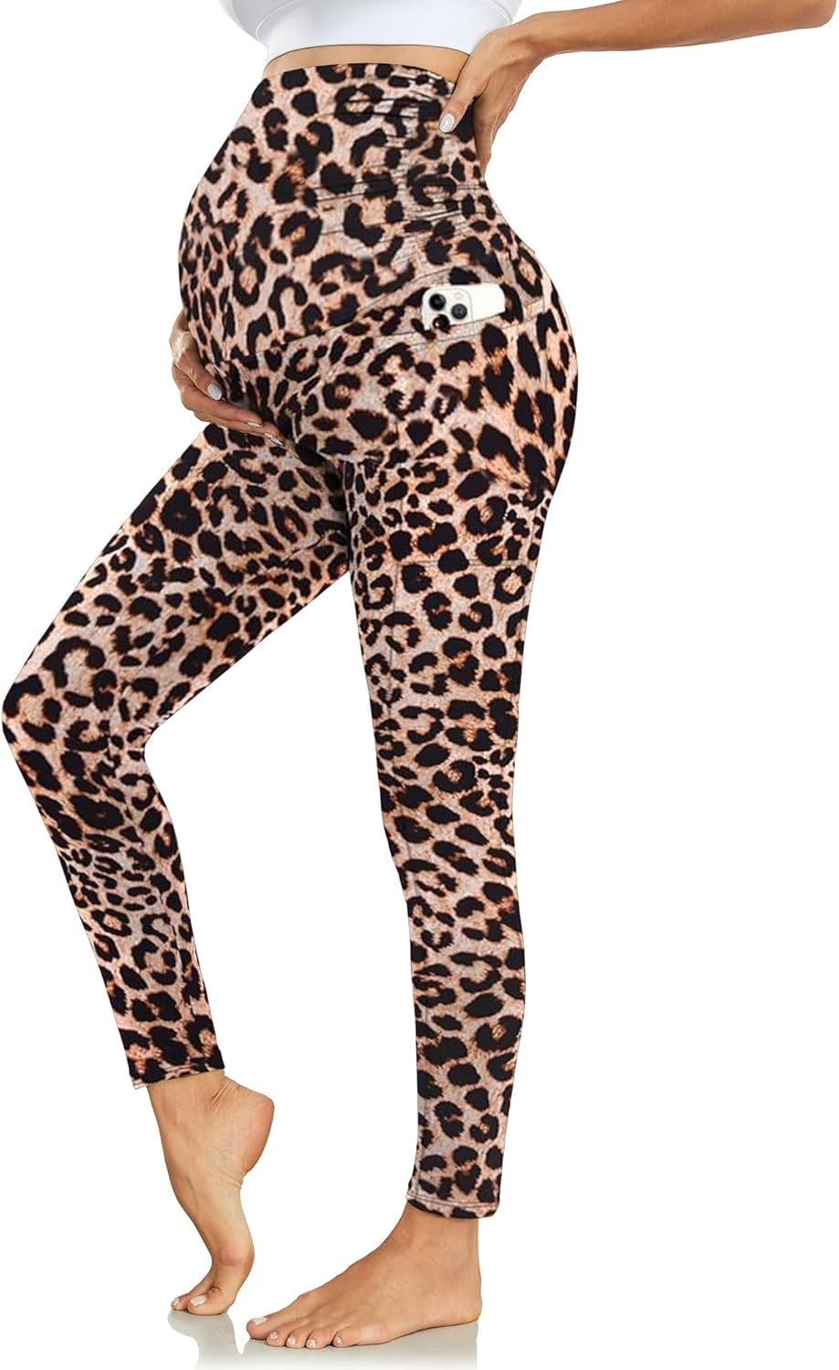 Women'S Maternity Leggings with Pockets High Waistband Pregnancy Leggings Opaque Elastic Maternity Leggings for Pregnant Women, Leopard, S image number 2