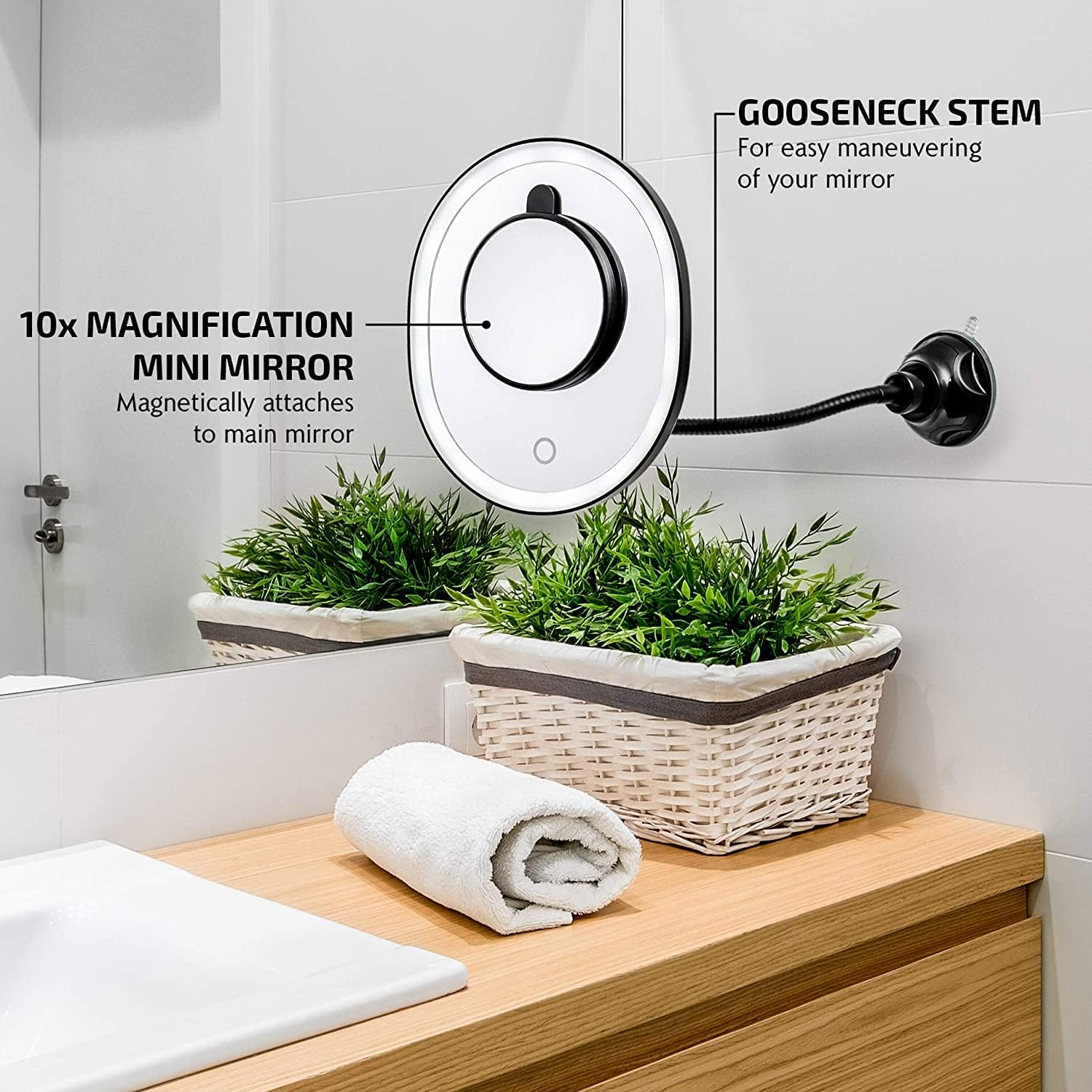 OVENTE 9'' Rechargeable Lighted Wall Mount Makeup Mirror for Bathroom with Mini Magnetic 10X Magnifying Mirror, Touch Screen Dimmable LED Lights, Flexible Gooseneck and Suction Mounting, Black MOW22B