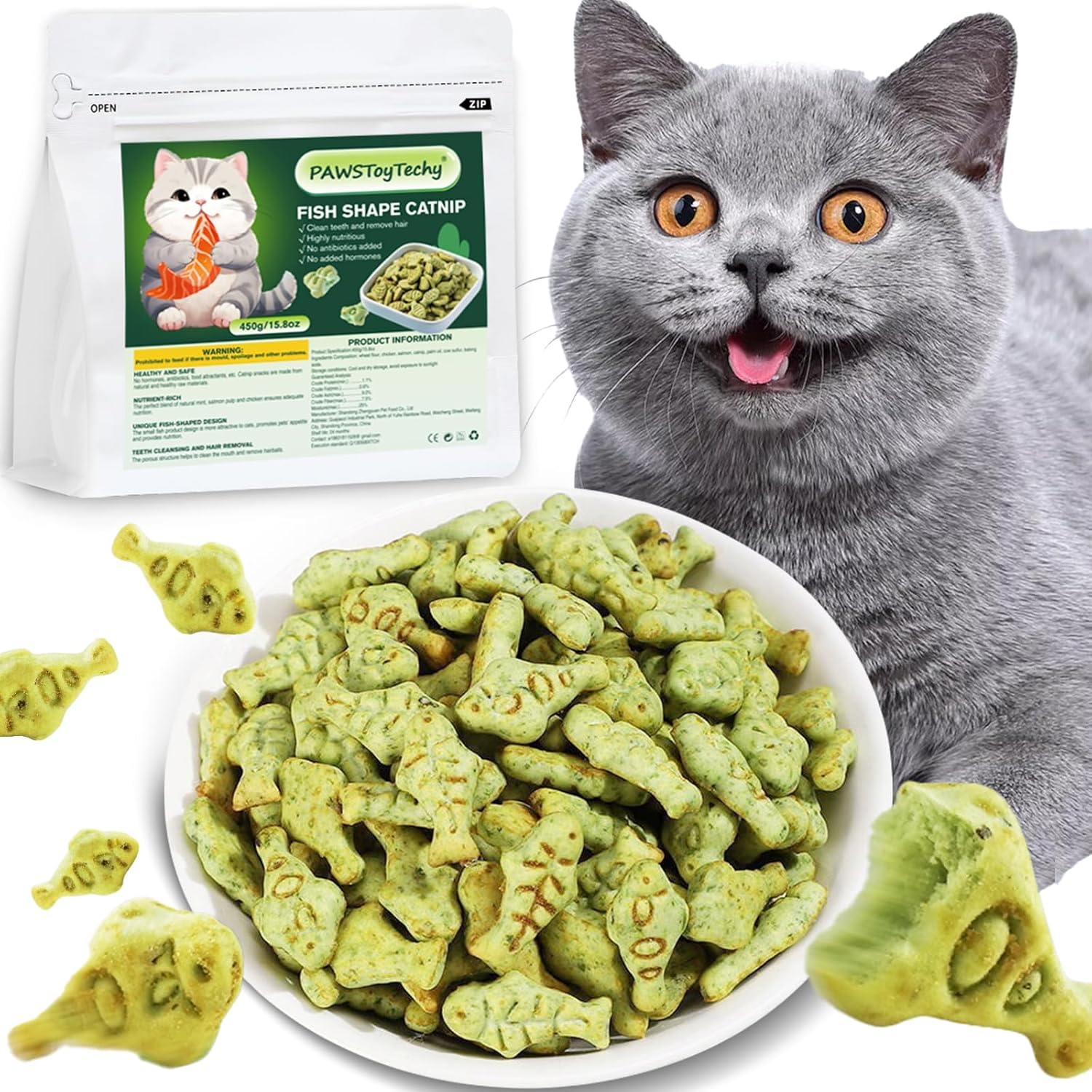 Cat Hairball Treats, Kitty Teeth Cleaning Catnip for Indoor, 16 Oz, Fish Shape Cat Nip Dry Food, Healthy Chicken and Salmon Flavor Grass Biscuits image number 3