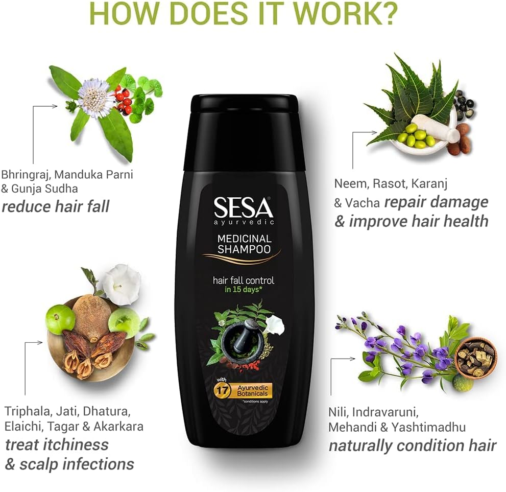 Sesa Ayurvedic Medicinal Shampoo for Hair Fall & Dandruff, Bhringraj + 16 Herbs, Paraben Free, 200Ml image number 3