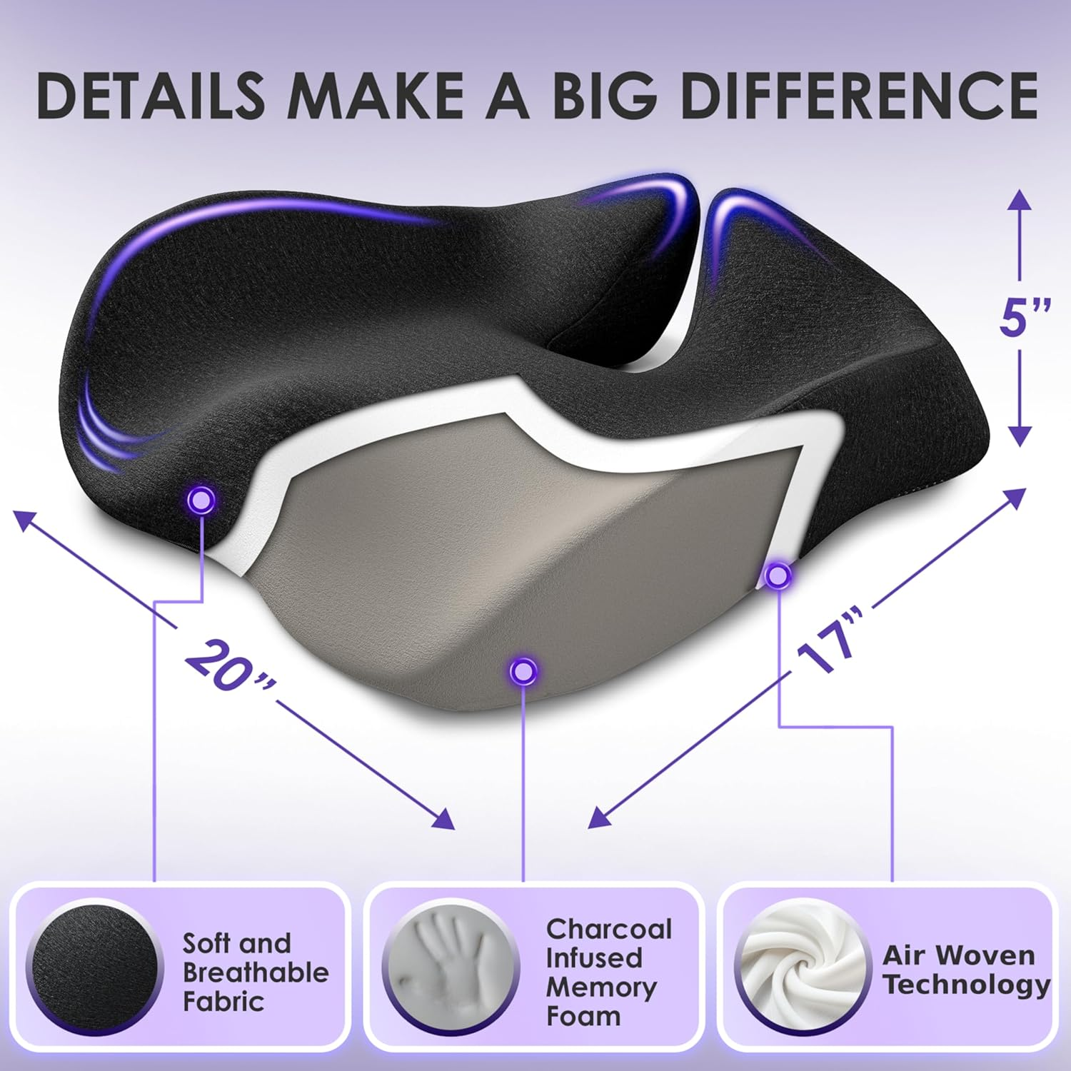 Pressure Relief Seat Cushion for Tailbone Pain &ndash; X Large Office Chair Cushion for Butt, Back Pain, Coccyx & Sciatica Pain Relief Pillow. Memory Foam Seat Cushions for Office Chairs (Original Black)