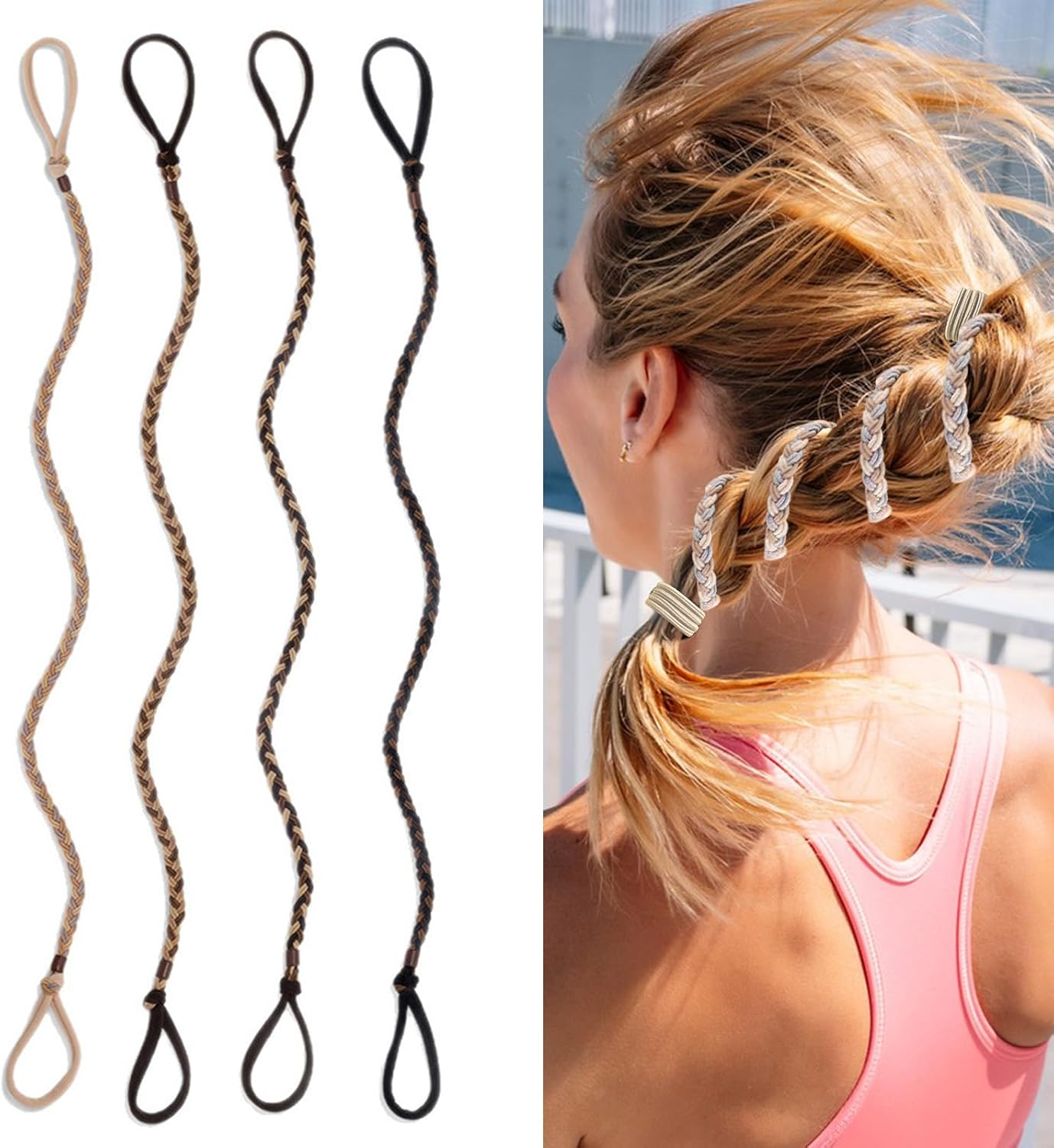 4 Pcs 25" Spiral Braided Hair Ties for Sports,No Damage,Riptie Hair Bands for Gym, Yoga,Beach Activities,Non-Slip Elastic Ponytail Holders for Women Girls,(Mix Color) (41)