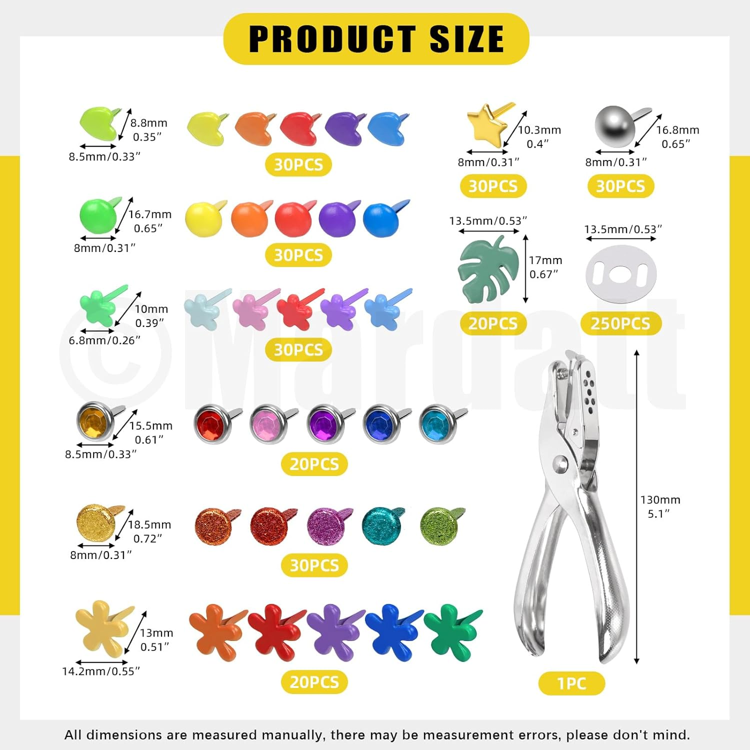 Mardatt 240 Sets 9 Styles Multicolor Mini Brads, Brads Paper Fasteners Split Pins Pastel Brads Metal Brads with Washers, Hole Punch Pliers for Scrapbooking DIY Crafts image number 1