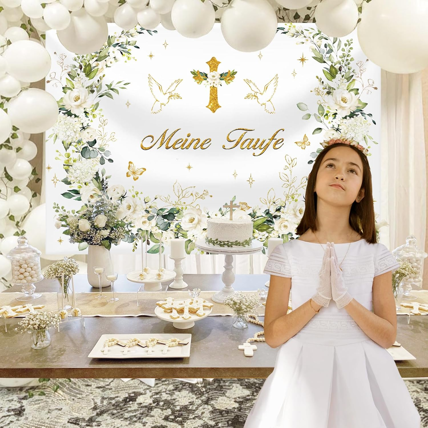 MEHOFOND 2.1 X 1.5 M My Christening Background Pure Garland Dove Cross Leaf Background Boys Girls Newborn Baby Shower First Communion Christening Party Banner Decorative Accessories Photo Props image number 1