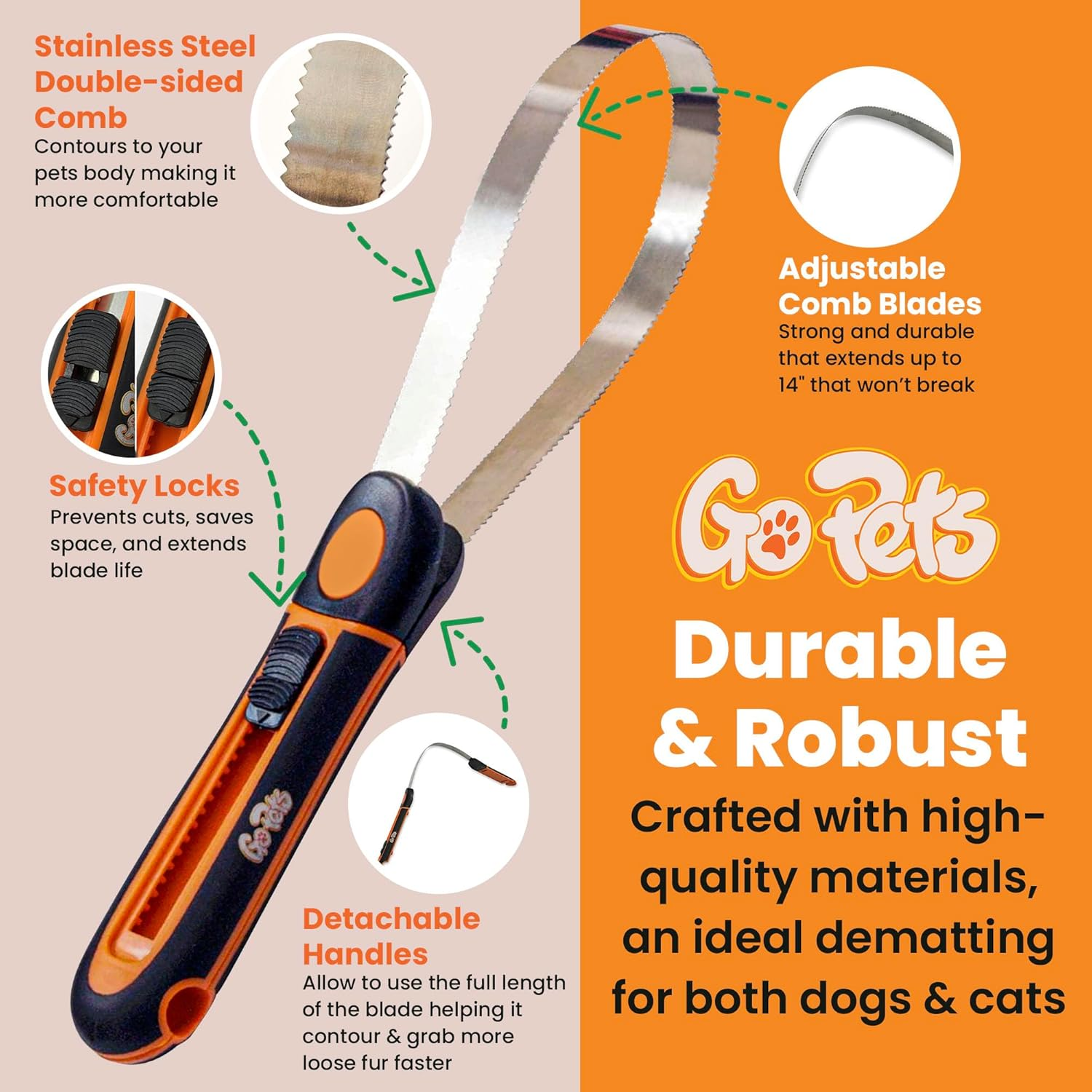 Gopets Deshedding Blade Dogs Cats Adjustable Professional Quality Grooming Tool Reduce Shedding 95%. 14 in Comb Rake Effective Fast Brush image number 4
