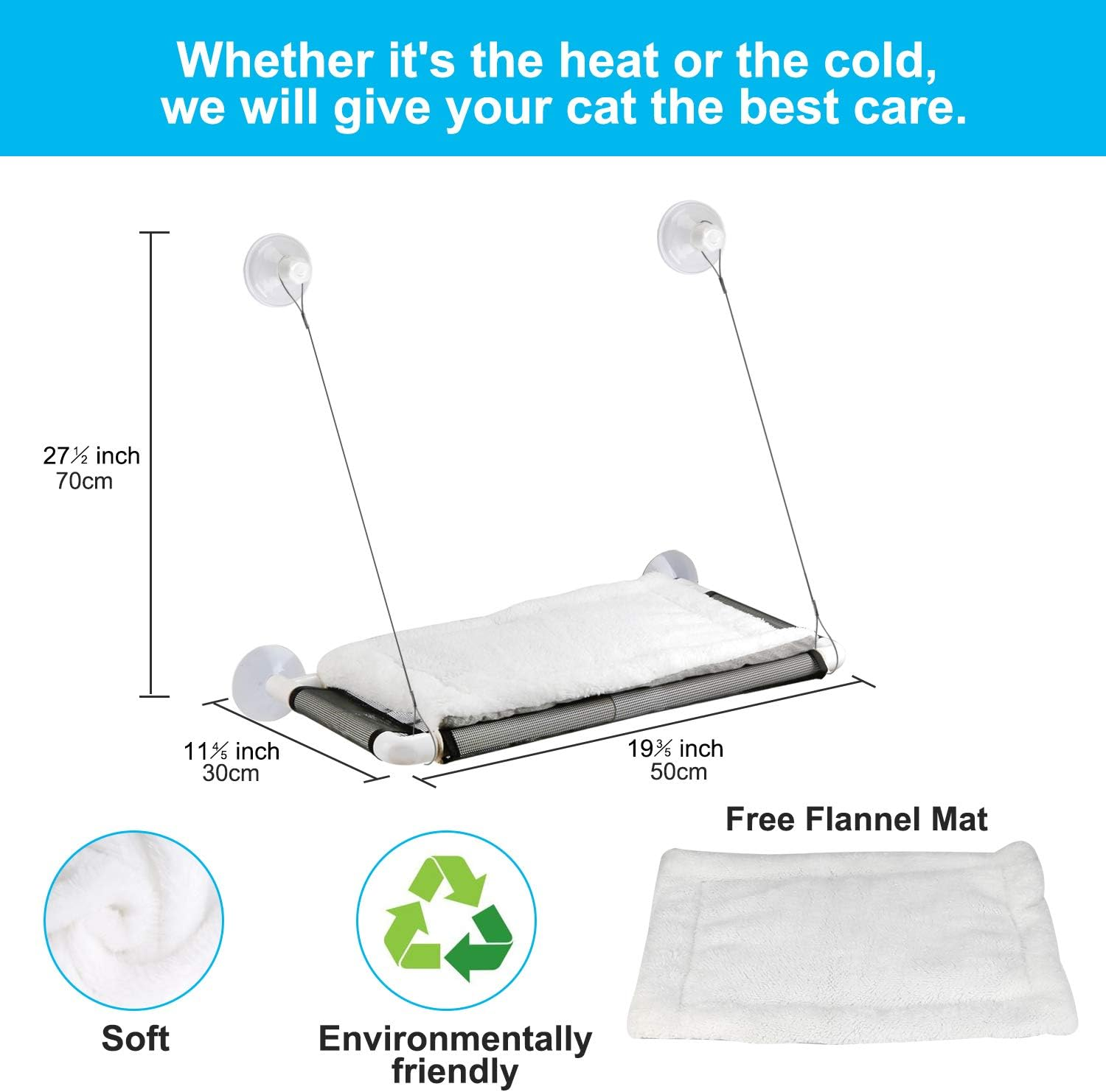 Cat Window Perch Hammock Seat with Free Fleece Blanket - 2023 Latest Screw Suction Cups, Extra Large Sturdy Bed, Resting Seat for Two Large Cats, White, Indoors (One Extra Suction Cup)