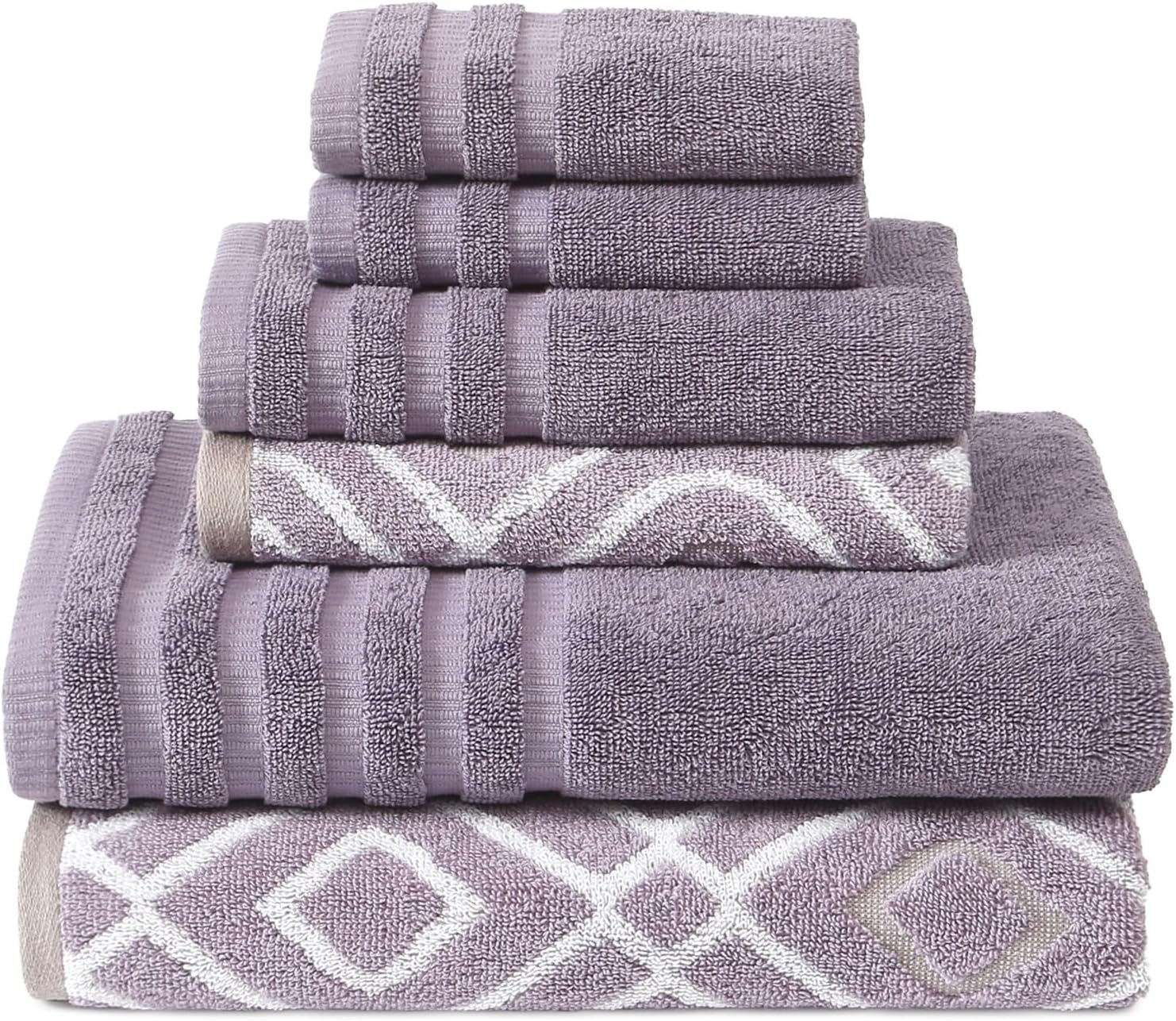 Amrapur Overseas 6-Piece Yarn Dyed Oxford Stripe Jacquard/Solid Ultra Soft 500GSM 100% Combed Cotton Towel Set [Grey Lavender]