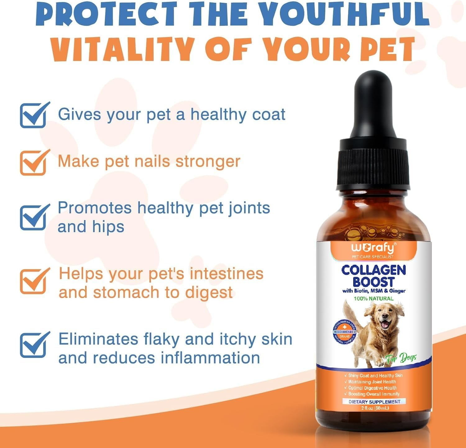 Liquid Collagen for Dogs with Biotin, MSM & Ginger - Supports Joint Health, Skin & Coat, Digestion & Immunity | Itch Relief & Shiny Coat Supplement | Easy-To-Use Drops (60Ml)