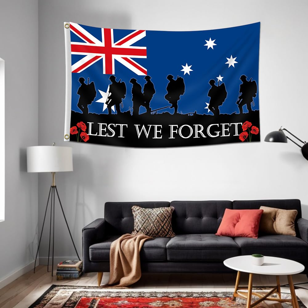 Australian Lest We Forget Flag 3X5FT Australia Anzac Day Flag 2 Grommet Decor Outdoor Flags for Memorial Day (Blue) image number 6