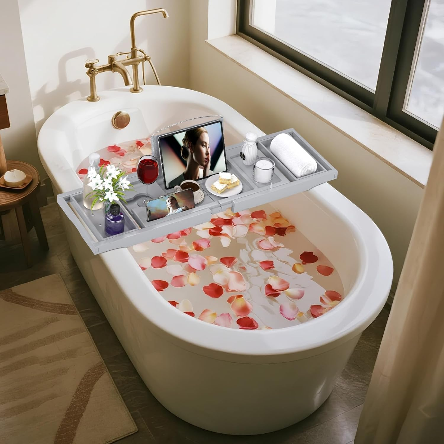 Bathtub Caddy Tray for Tub, Premium Expandable Bamboo Bath Tub Tray Table with Wine Glass Holder Book Phone Tablet Holder, House Warming Gifts, Anniversary and Wedding Gifts (Grey) - Grey image number 3