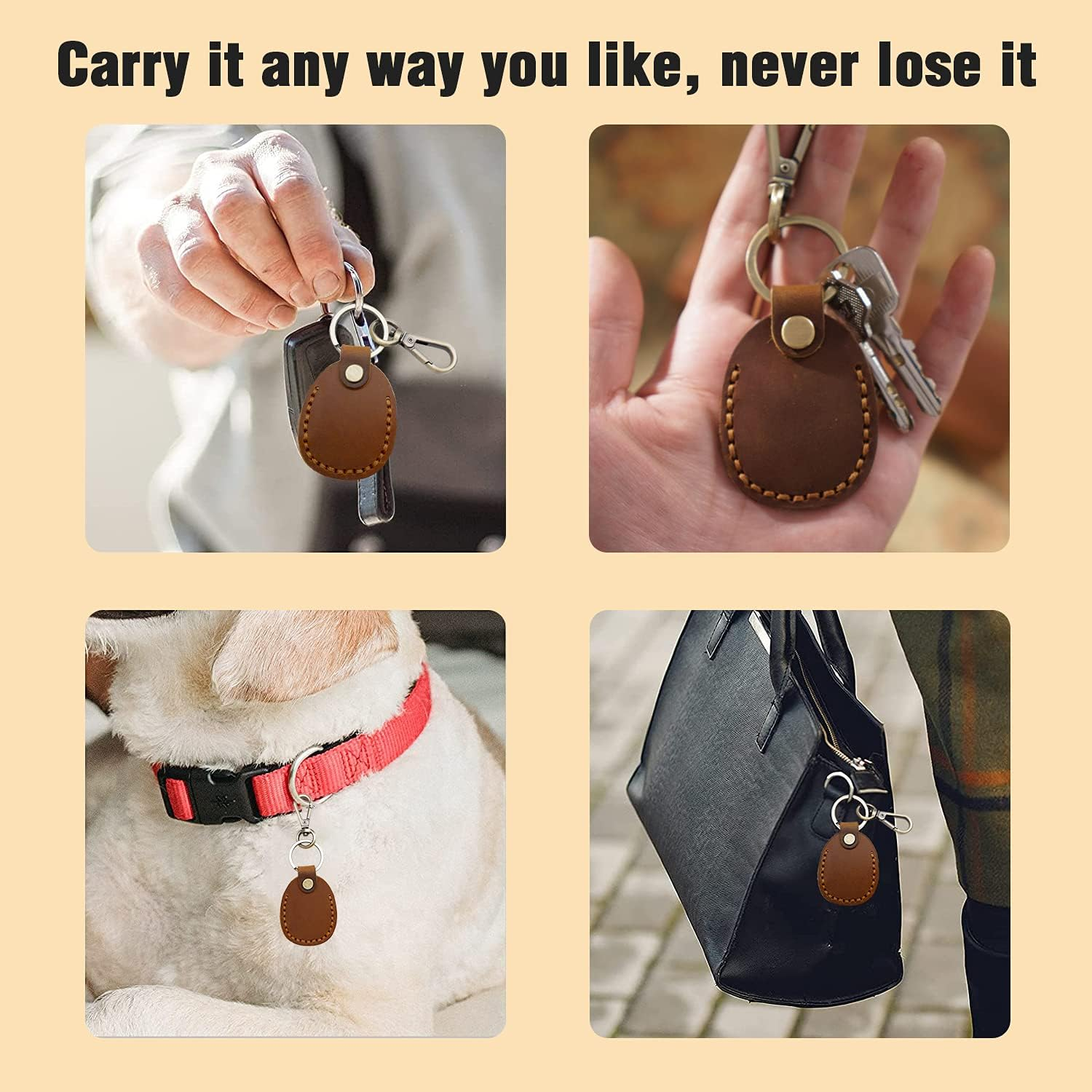 Leather Airtag Holder with Keychain, Portable Handmade Genuine Leather Air Tag Holder with Keyring Full Coverage image number 3