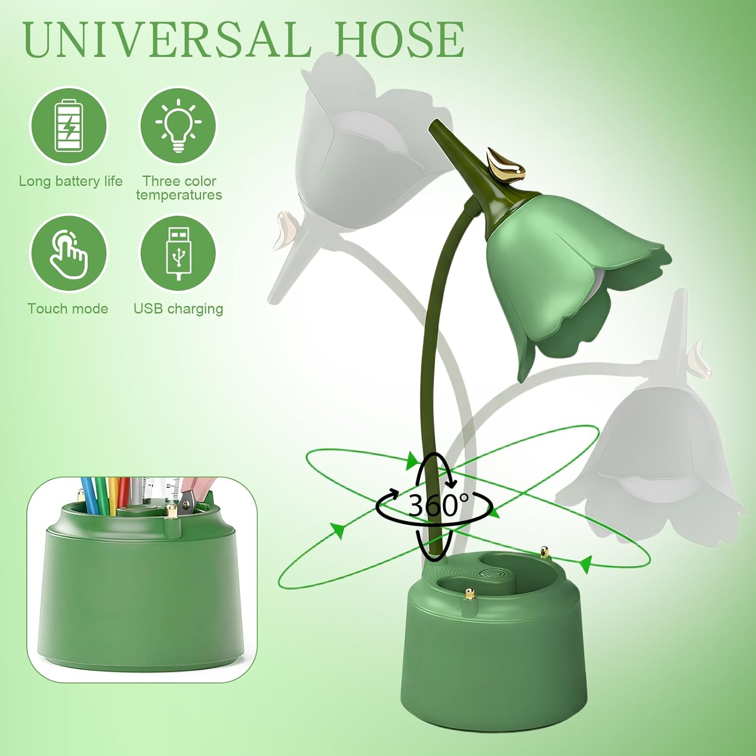 Flower LED Desk Lamp with Pen Holder for Children, Dimmable Table Lamp, 3 Colour Temperatures, Flexible Reading Lamp, Eye-Friendly Desk Lamp, Table Lamp, Foldable Bedside Lamp for Learning (Green)