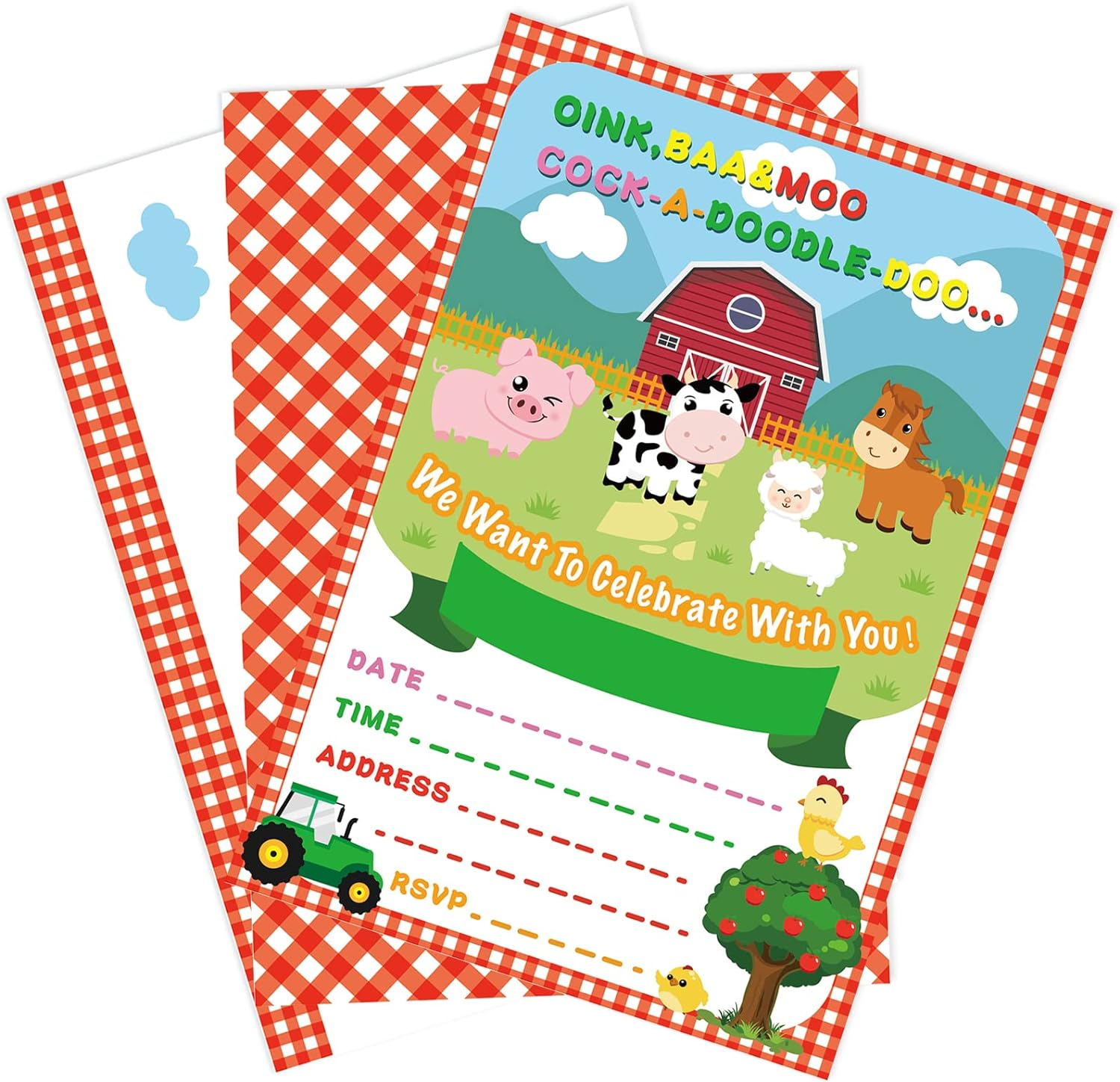 WERNNSAI Farm Party Invitations with Envelopes - 20 Count Farm Animals with Barnyard Tractor Invite Cards for Kids Boys Birthday Baby Shower Farm Themed Party Supplies image number 4