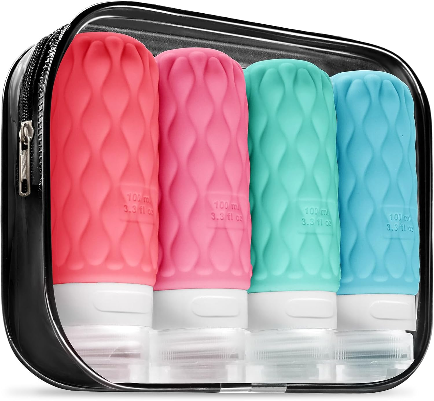 4 Pack Travel Bottles for Toiletries with Labels, 100 Ml Silicone Travel Bottles Set with Clear Zipper Toiletry Bag, Leakproof Refillable Squeeze Travel Size Containers for Shampoo Conditioner