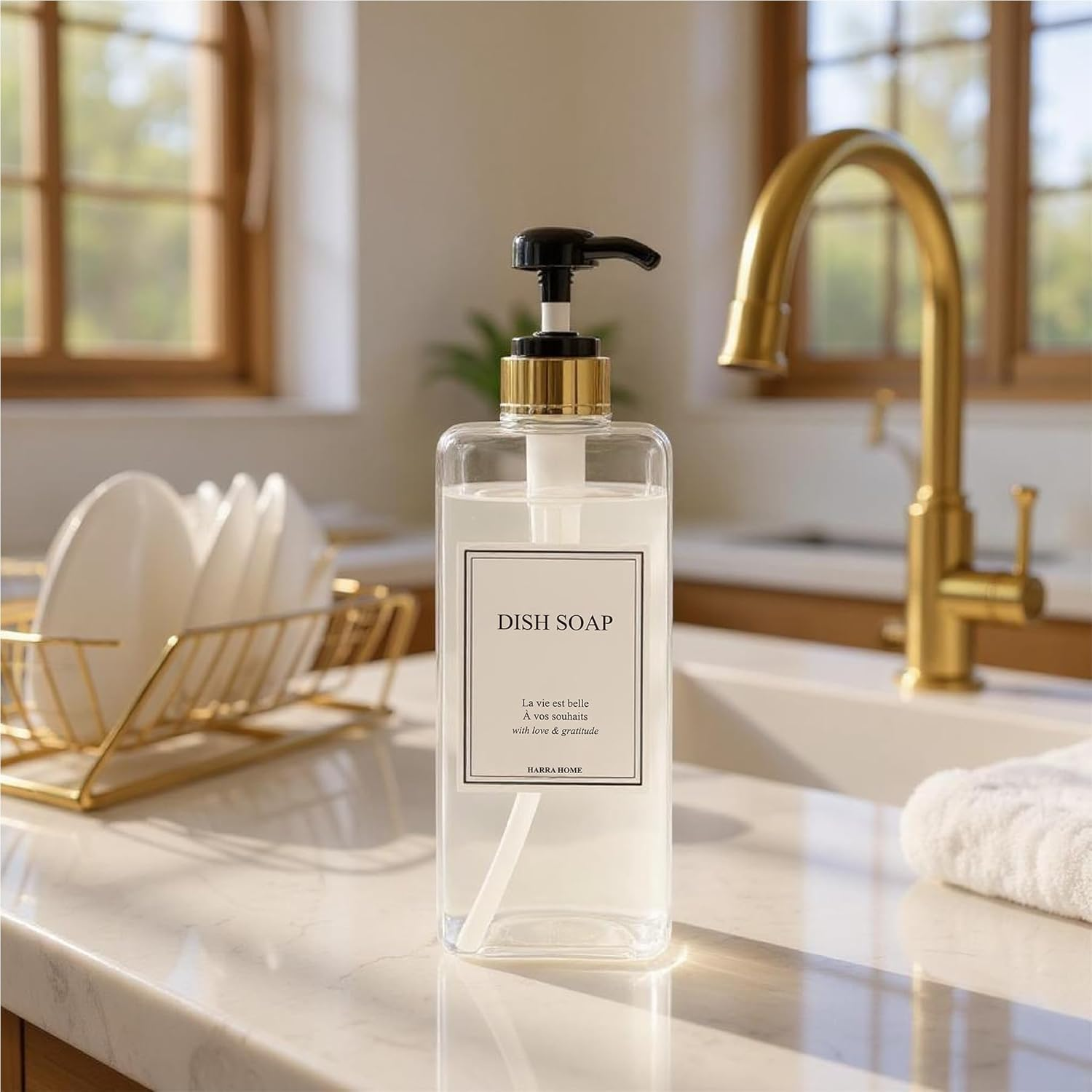 Modern Gold Design Shampoo and Conditioner Dispenser, Large 27Oz Shower Soap Dispenser, Set of 3 Refillable Empty Plastic Pump Bottles for Bathroom (6 Waterproof Labels Included), (Clear & Black) - Clear  Black image number 4