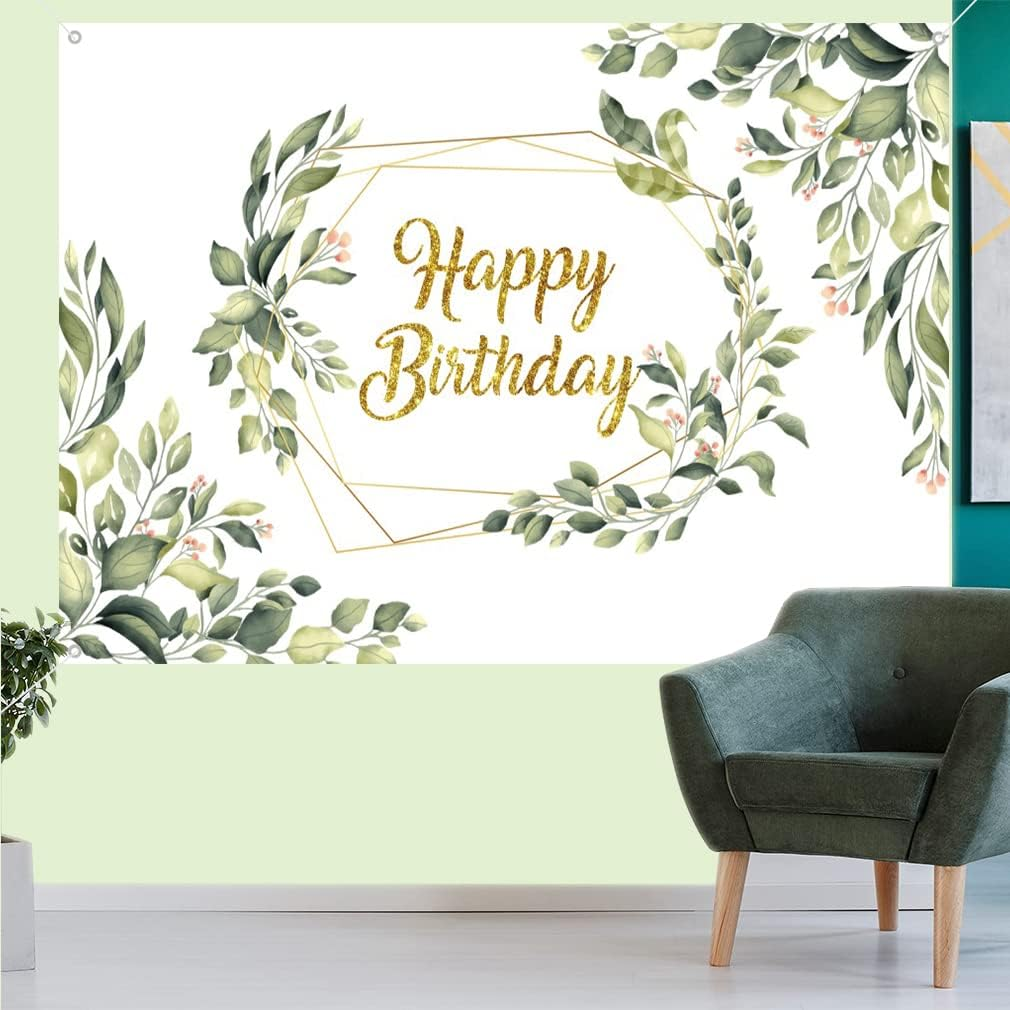 Happy Birthday Backdrop Gold Eucalyptus Greenery Leaves Birthday Banner Birthday Decorations Happy Birthday Photobooth Props for Birthday Party Supplies for Women 150Cm X 90Cm image number 1