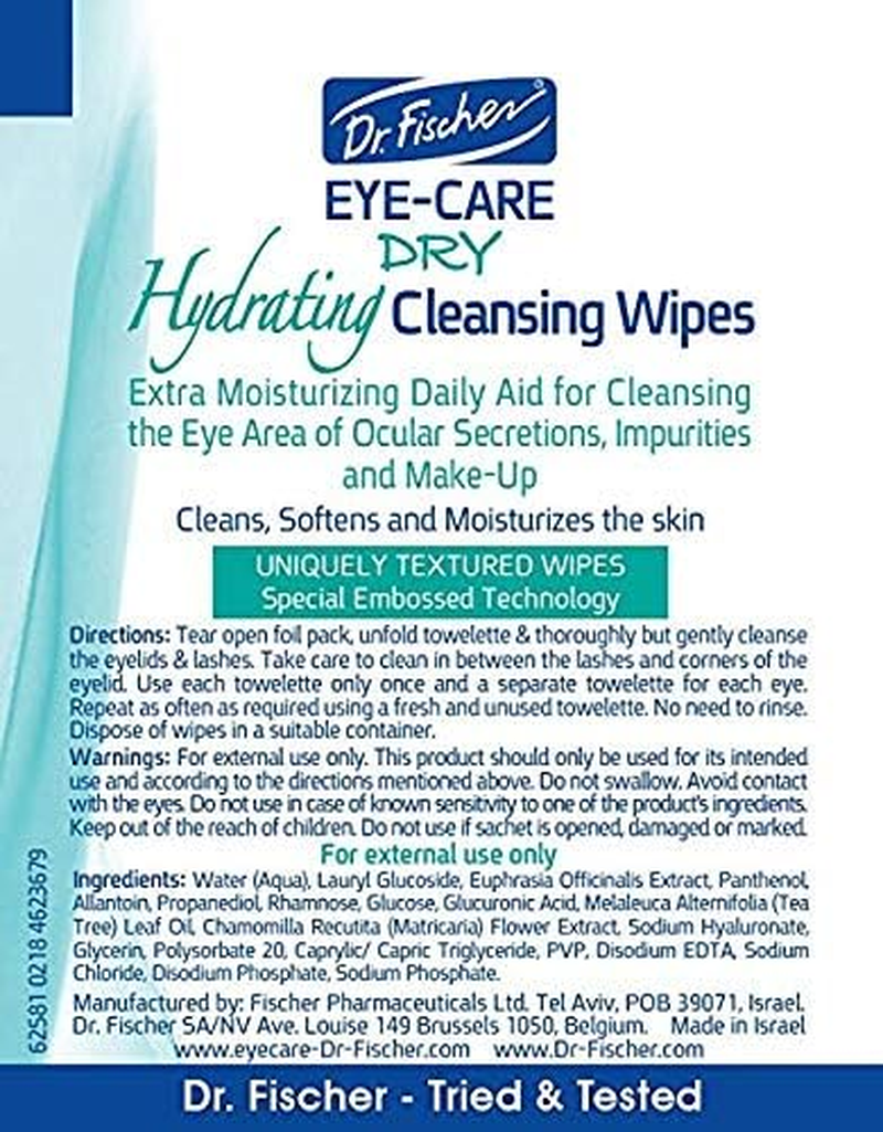 Dr. Fischer Eye Care Dry - Complementary Aid for Dry Eye Syndrome. Daily Hydrating Eyelid Wipes to Clean, Soften & Moisturize the Eye Area of Ocular Secretions and Irritations (Twin Pack, 60 Wipes) image number 2