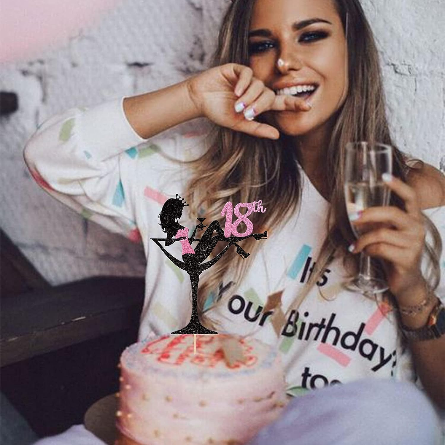 1 Pack Sitting Girl Silhouette Cake Topper Glitter Eighteen High Heel Girl Cake Pick Cheers to 18Th Cake Decorations for Makeup Spa Theme Happy 18Th Birthday Party Supplies (Pink) image number 1