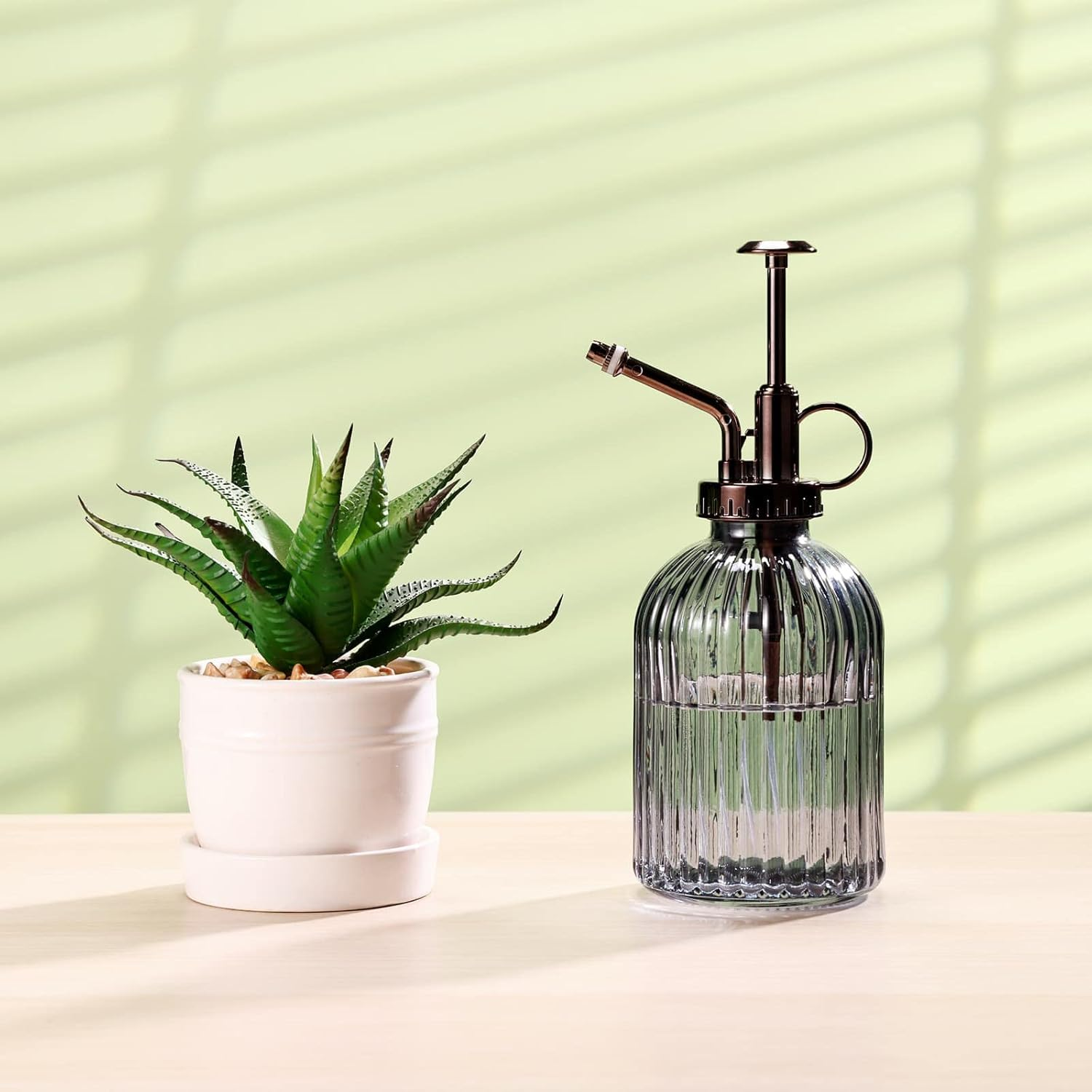 Glass Plant Mister - 7.5" Green Glass Water Spray Bottle with Gold Top Pump, Indoor/Outdoor Small Plant Sprayer (Gray+Bronze) - Gray+Bronze D image number 6