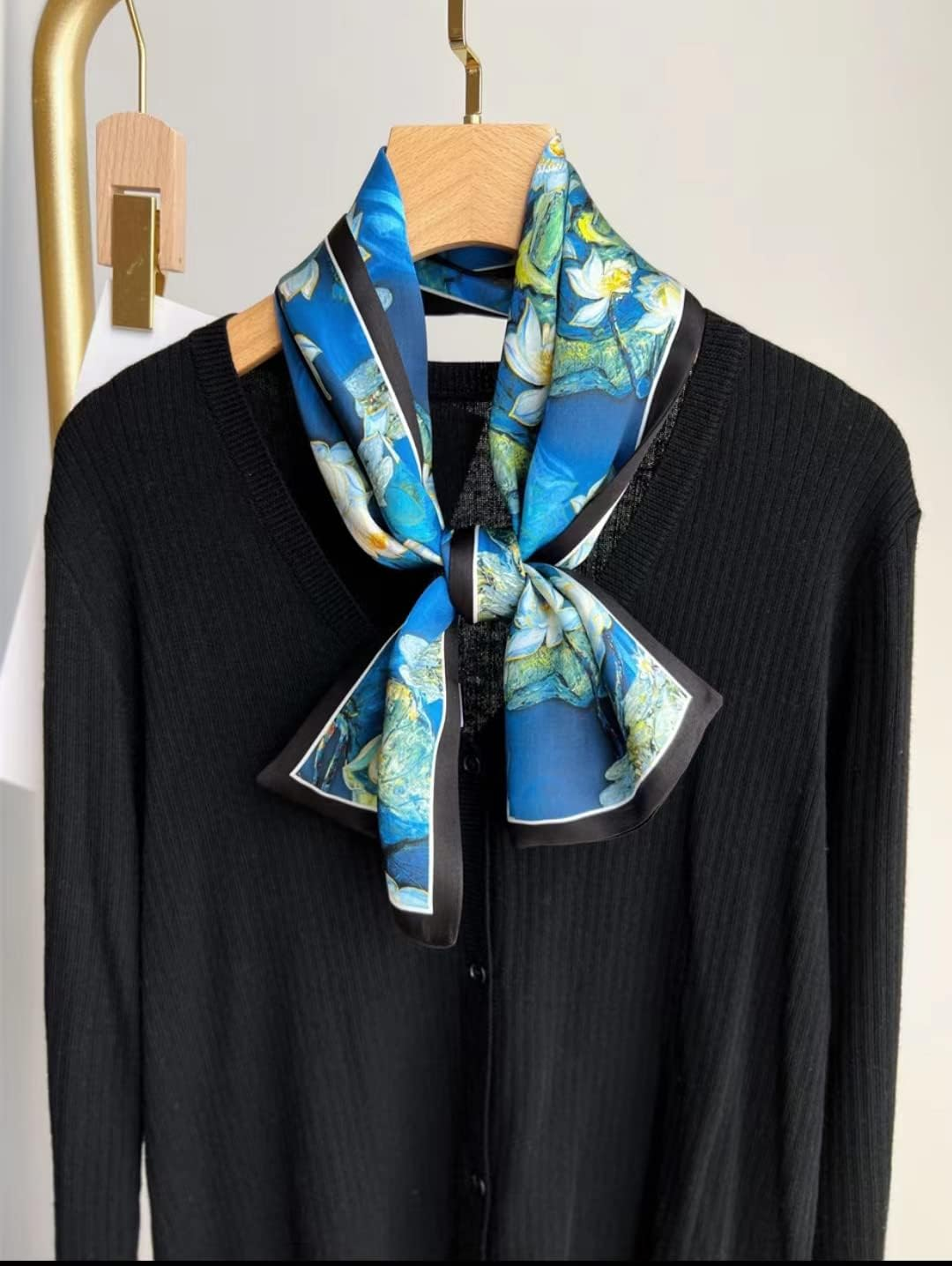 ANDANTINO 100% Silk Scarf for Women 59&rdquo;*6.3&rdquo; Long Shawls for Headscarf and Neck- Oblong Hair Wraps with Gift Packed - Bluewhite Lilies image number 6