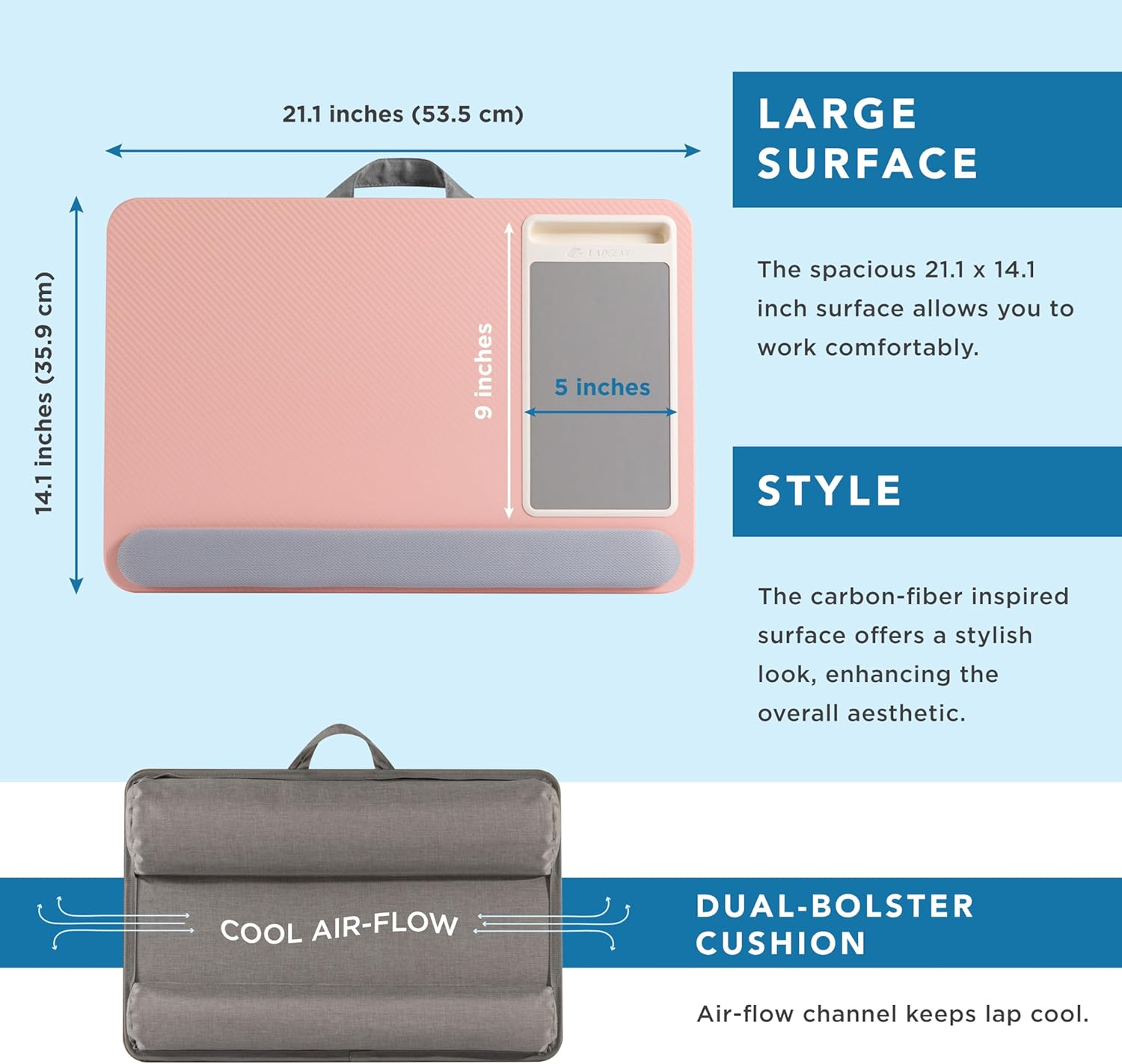 LAPGEAR Home Office Pro Lap Desk with Wrist Rest, Mouse Pad, and Phone Holder - Pink - Fits up to 15.6 Inch Laptops - Style No. 91604 image number 3