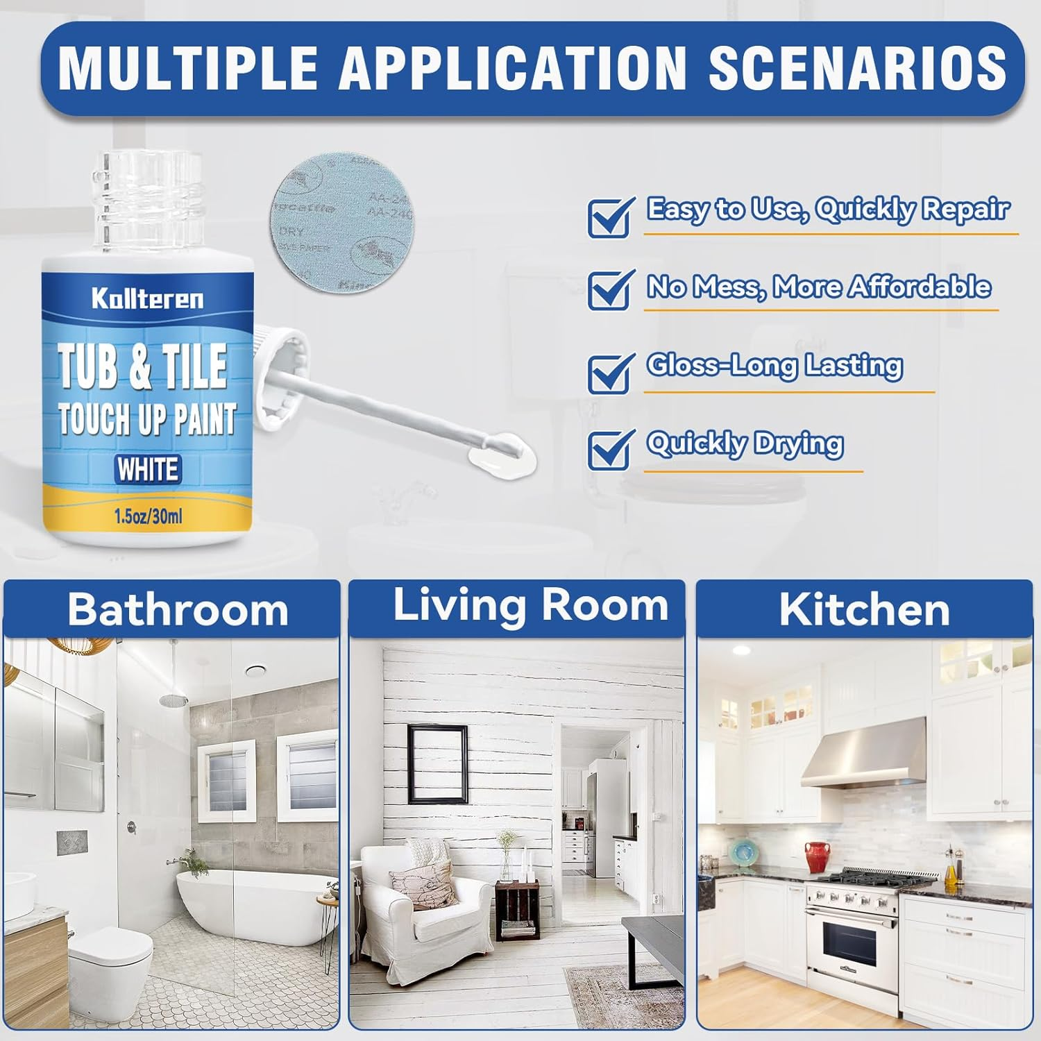 Tub and Tile Paint, White Touch up Pen for Countertop, Bathtub, Porcelain Paint for Any Scratches Spots on Tiles, Sinks, Enamel, Toilets, 1.5 Fl Oz image number 2