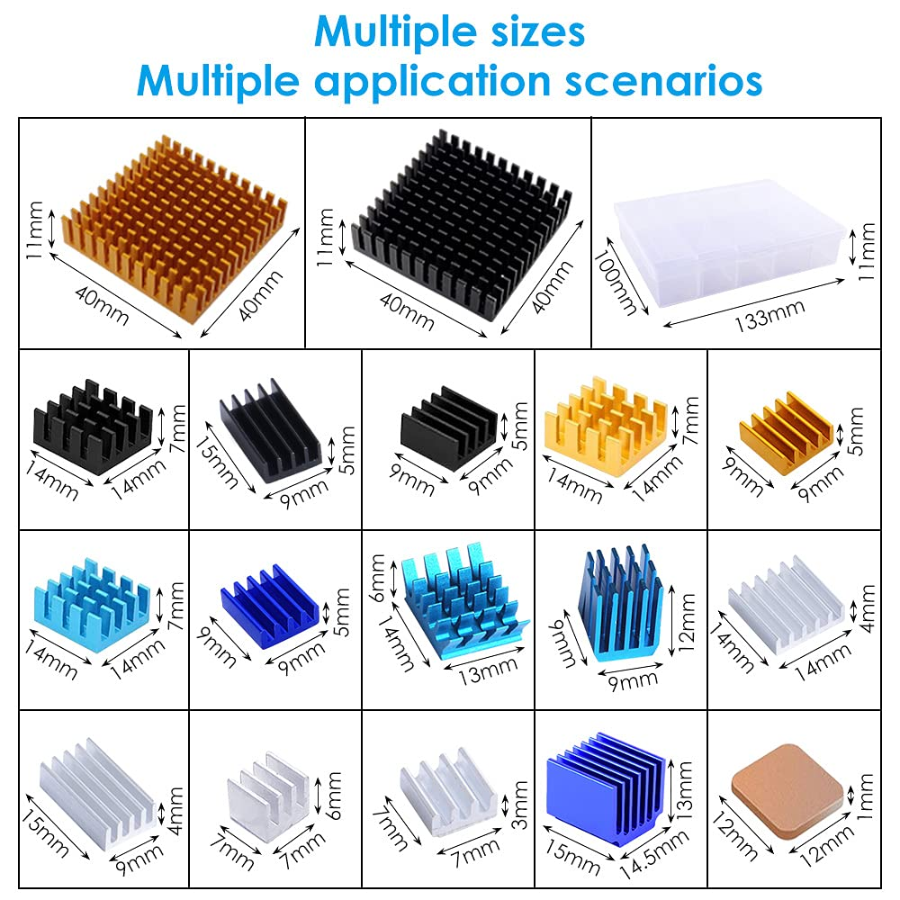 Geeekpi 102Pcs Heatsink Kit with Conductive Adhesive Tape, Cooler Heat Sink Cooling for Raspberry Pi VRM VRAM CPU GPU VGA Small IC Laptop LED MOSFET Transistor SCR Voltage Regulator image number 4