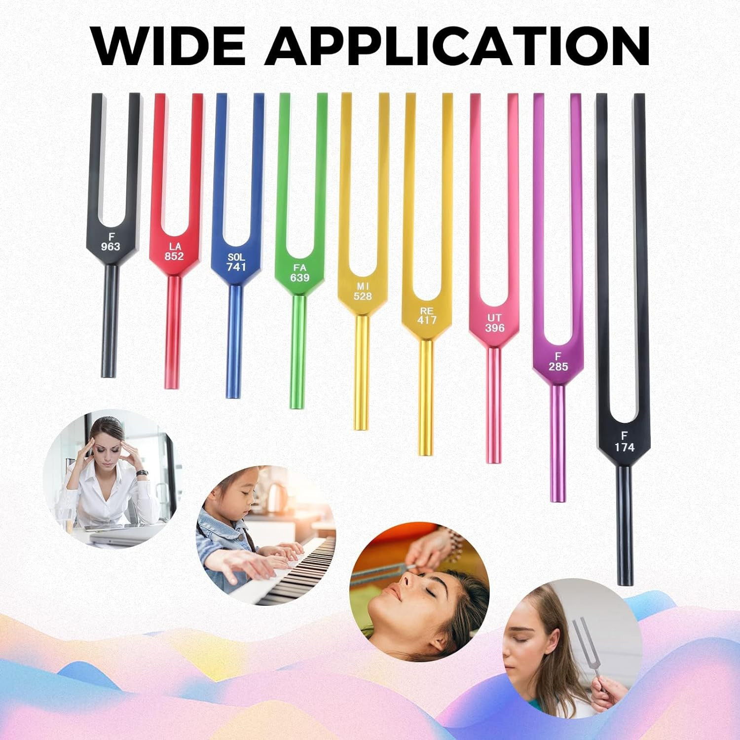 Solfeggio Tuning Fork Set for Healing, Vibration, Sound Therapy, 9 PCS Color Tuning Forks for with 2 PCS Silicone Hammers, Storage Bag(174Hz, 285Hz, 396Hz, 417Hz, 528Hz, 639Hz, 741Hz, 852Hz, 963Hz) image number 4
