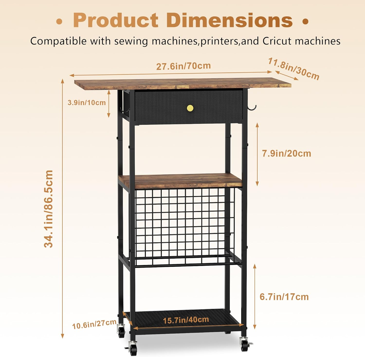 Rolling Craft Table with Storage with 30 Vinyl Roll Holder and Drawer, Craft Storage Cart Compatible with Cricut Machines, Craft Storage Cabinet Organizer Workstation for Craft Room Home (Black) image number 1