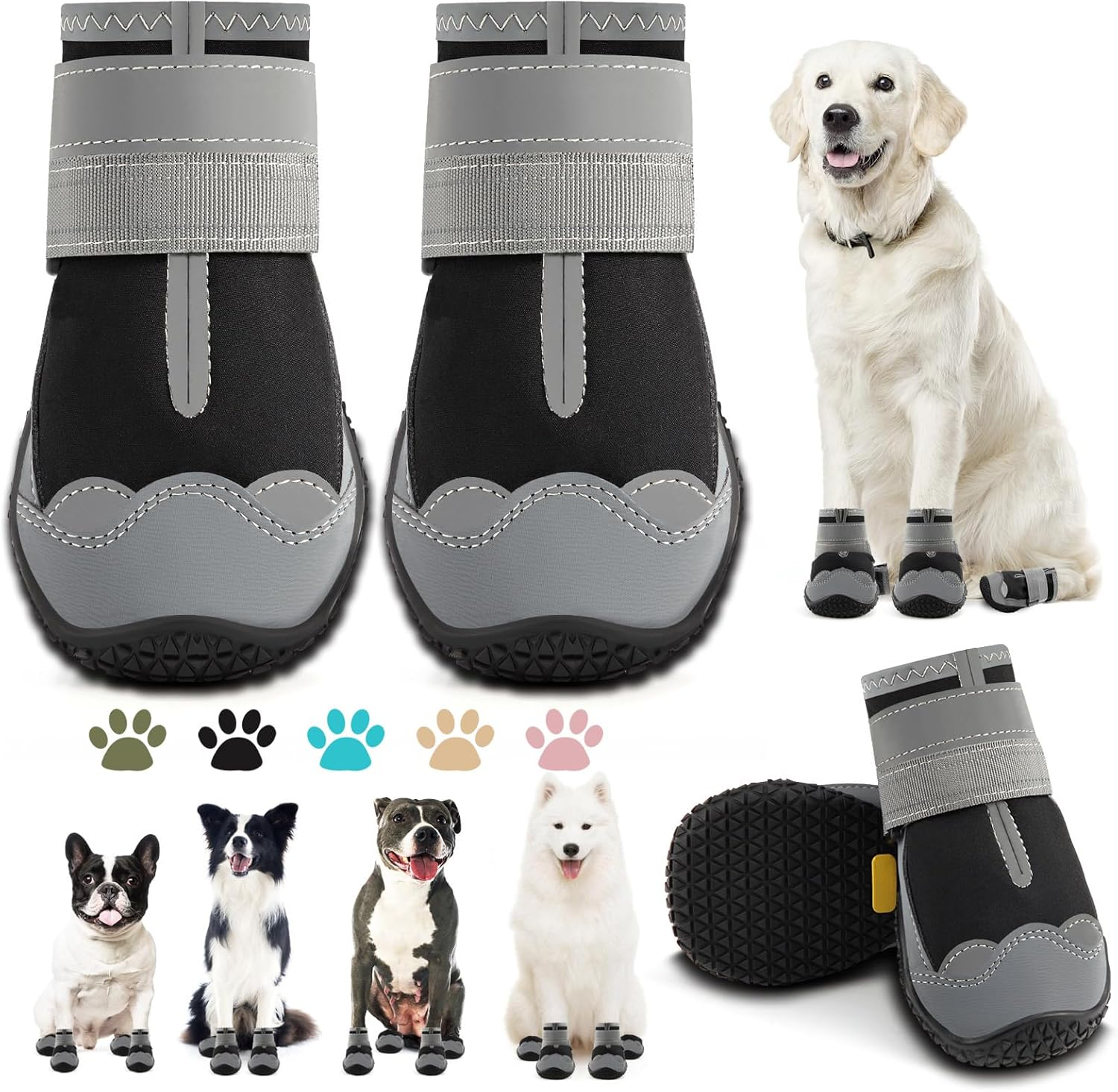 Dog Shoes for Large Dogs, Medium Dog Boots & Paw Protectors for Hardwood Floors, Outdoor Dog Booties for Hot Pavement Winter Snow Hiking, Waterproof Dog Shoes with Reflective Strips Size 7