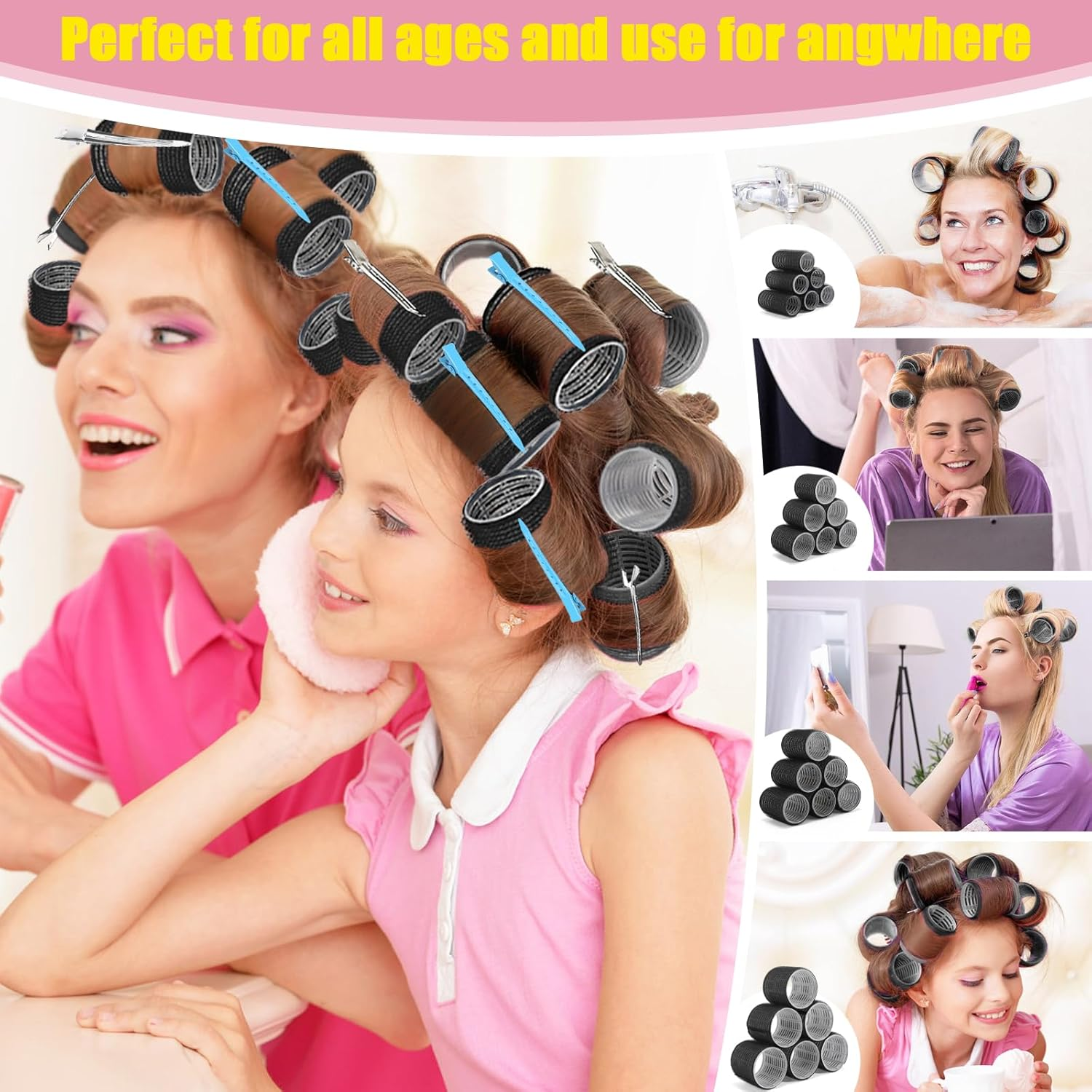 43PCS Self Grip Hair Rollers Set for Long Thick Hair &ndash; 4 Sizes Curlers (25Mm-60Mm) with 18 Extra-Large Clips & Folding Comb &ndash; Heatless Hair Curlers for Volume & Waves image number 5