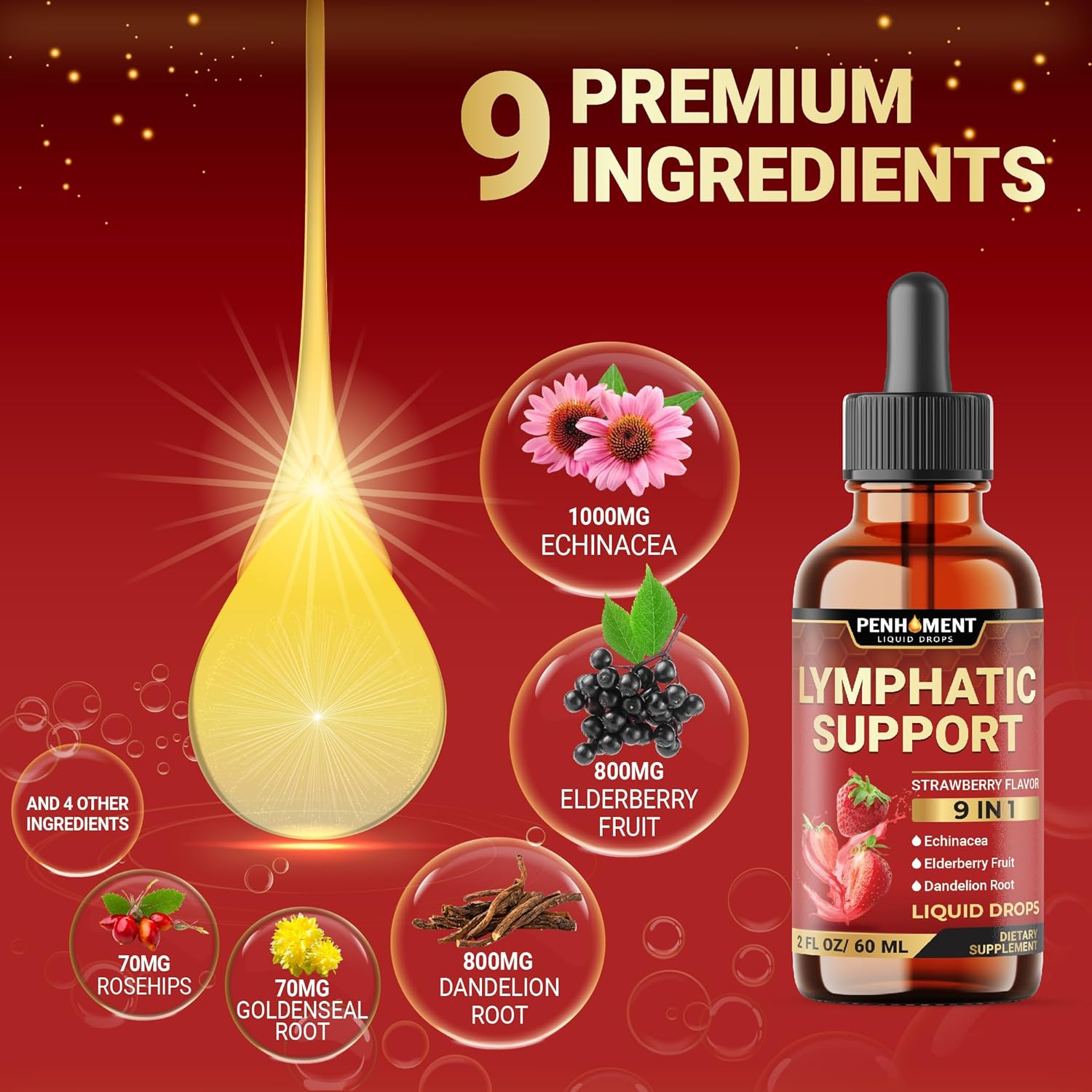 PENHOMENT 9In1 Lymphatic Drainage Drops Supplement - Echinacea | Elderberry | Dandelion | Rosehip | Cleavers | Calendula | Burdock - Lymph System Liquid Extract - Immune, Cleansing - 2 Fl Oz - 60 Days