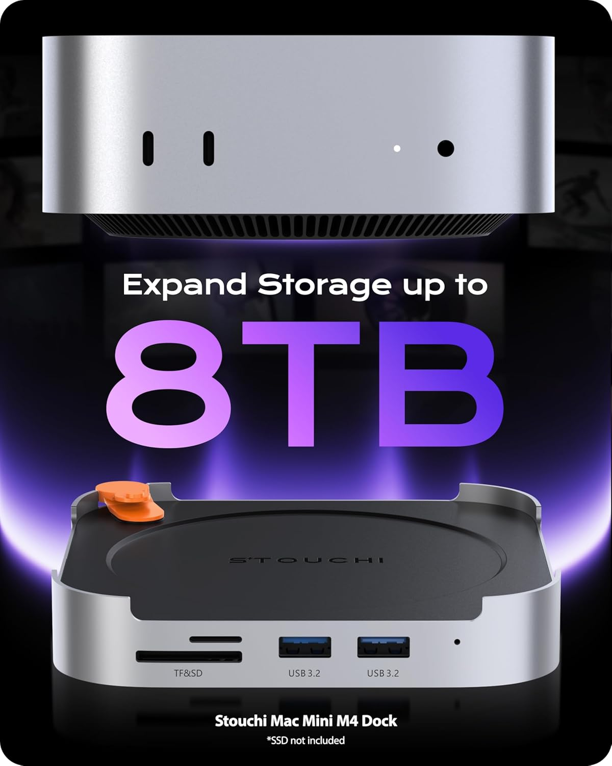 STOUCHI Mac Mini M4 Dock with Nvme SSD Enclosure, Stouchi M4 Stand&Hub with 2X USB a 10Gbps, SD/TF Card Readers, 4K@60 HDMI, 2X USB a Data Port, Audio 3.5Mm for Mac Mini M4/ Pro 2024 image number 4