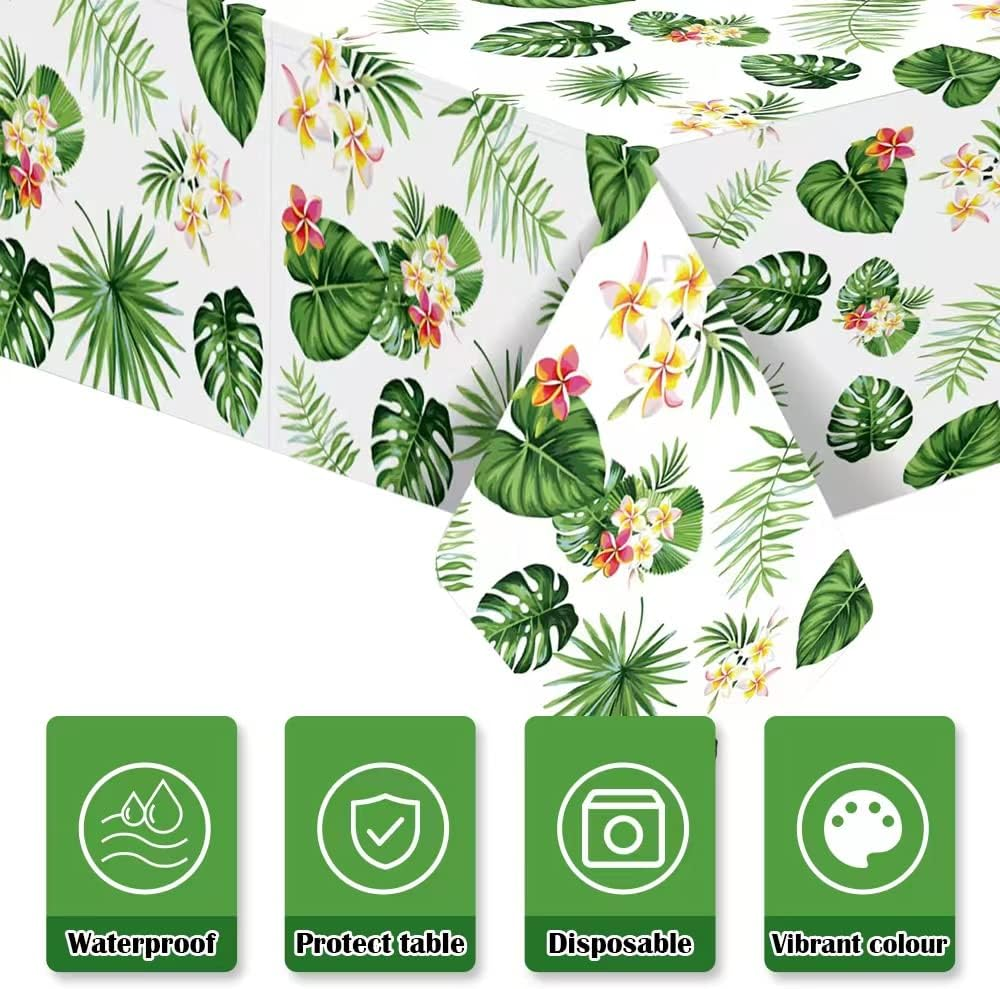 3 Pack Tropical Palm Leaves Table Cloth, Hawaiian Tablecloths for Party Decoration, Hawaii Disposable Plastic Rectangular Table Covers, Summer Beach Kids Birthday Cocktail Party Supplies