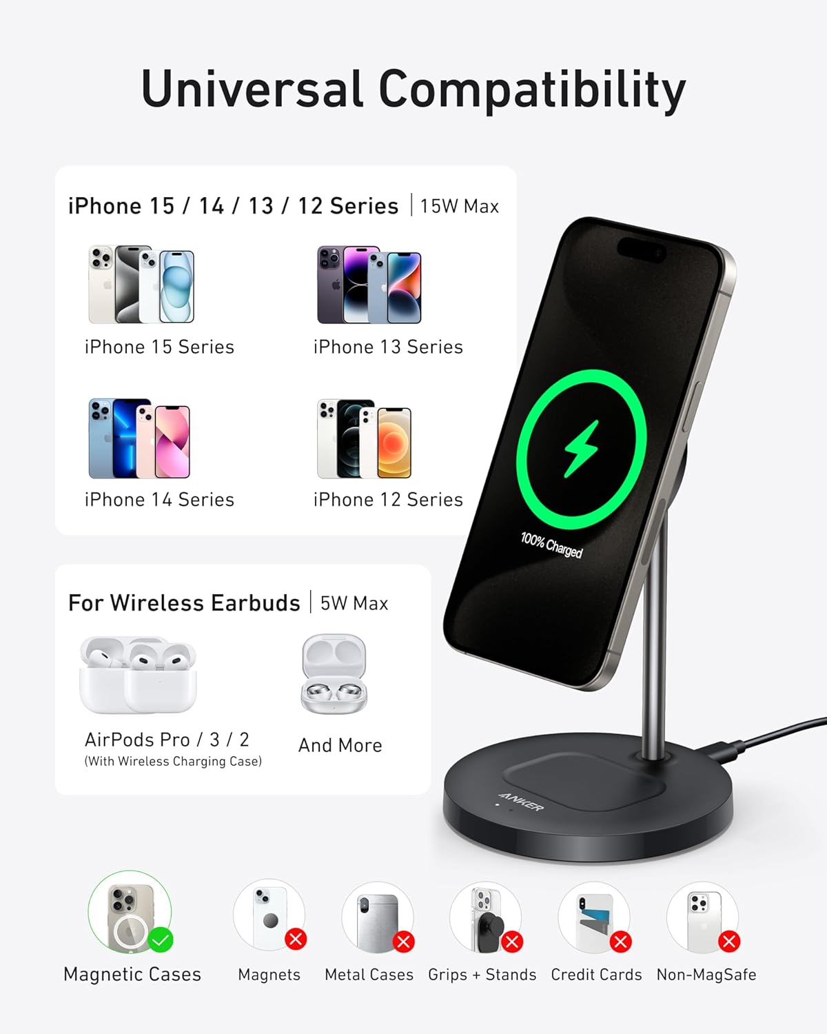 Anker Magsafe Compatible Maggo Charger Stand, Iphone 17 Wireless Charger, 2-In-1 Charging Station, Qi2 Certified 15W Fast Charging, for Iphone 17/16/15/14/13/12, Airpods Pro (Black, No Adapter) image number 6