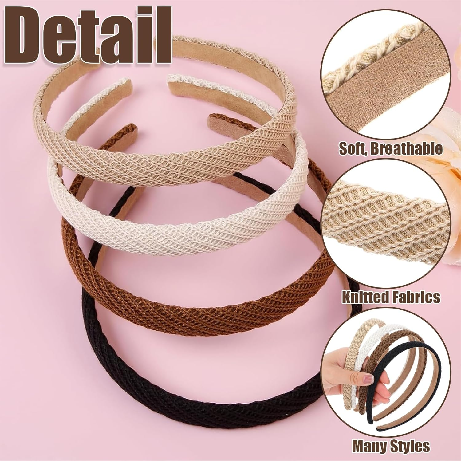 ASOMI 4 Pieces Headbands for Women Thin Knitted Fashion Non-Slip Headbands for Women Hair Cute Solid Color Hair Accessories (Black, Khaki, Coffee, Cream) image number 2