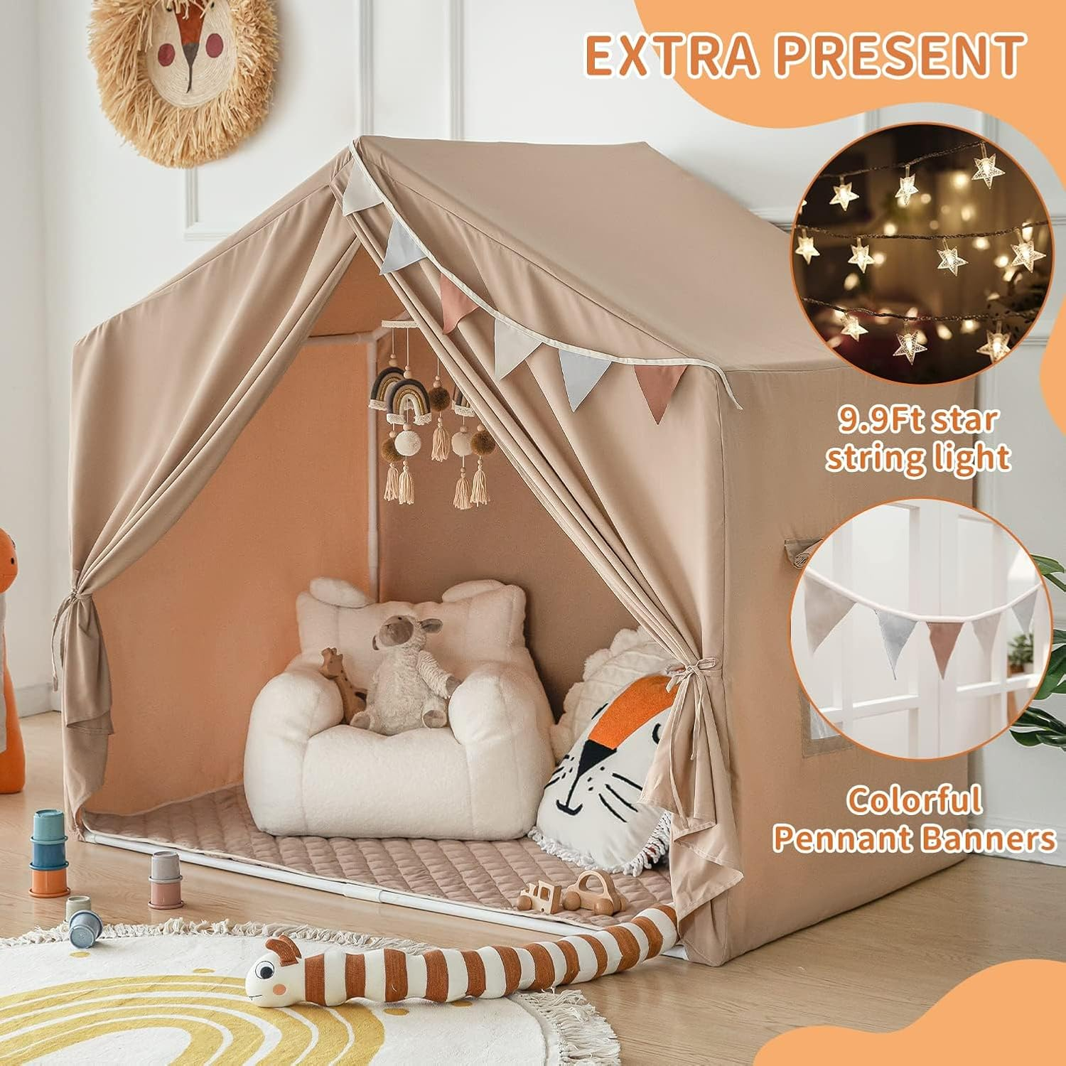 Kids Play Tent with Mat, Large Play Tent Indoor with Star Lights and Windows, Playhouse for Boys and Girls Aged 3+, Kid Tent with Mat Washable (Beige) - Beige image number 6